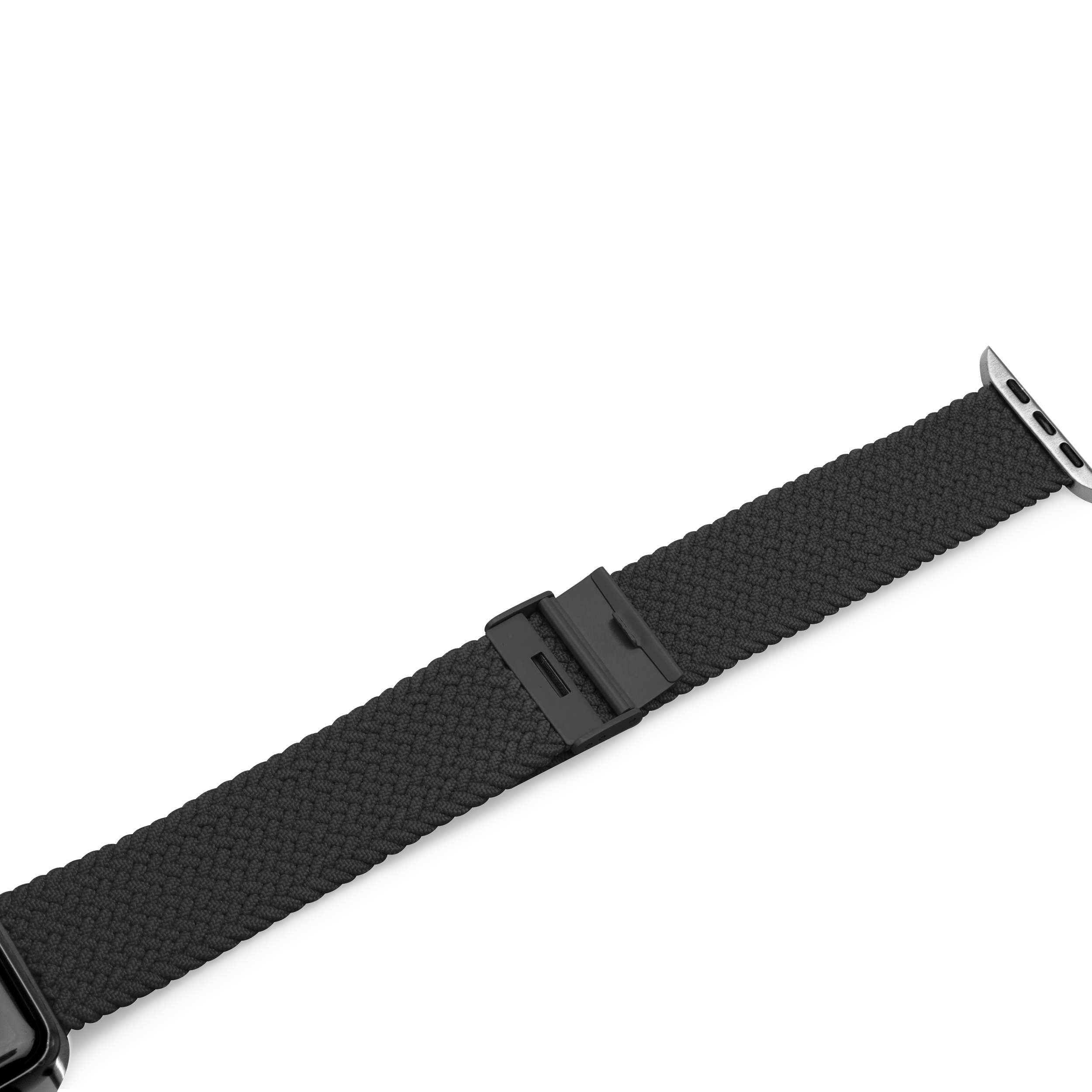 Un cinturino per orologio nero intrecciato con fibbia nera, collegato a un connettore argento.