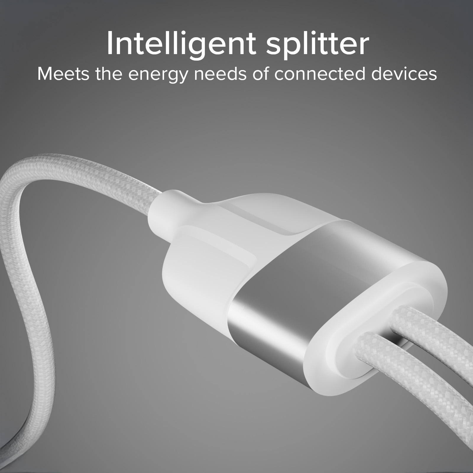 Ein weißer intelligenter Splitter mit zwei geflochtenen Kabeln auf grauem Hintergrund.
