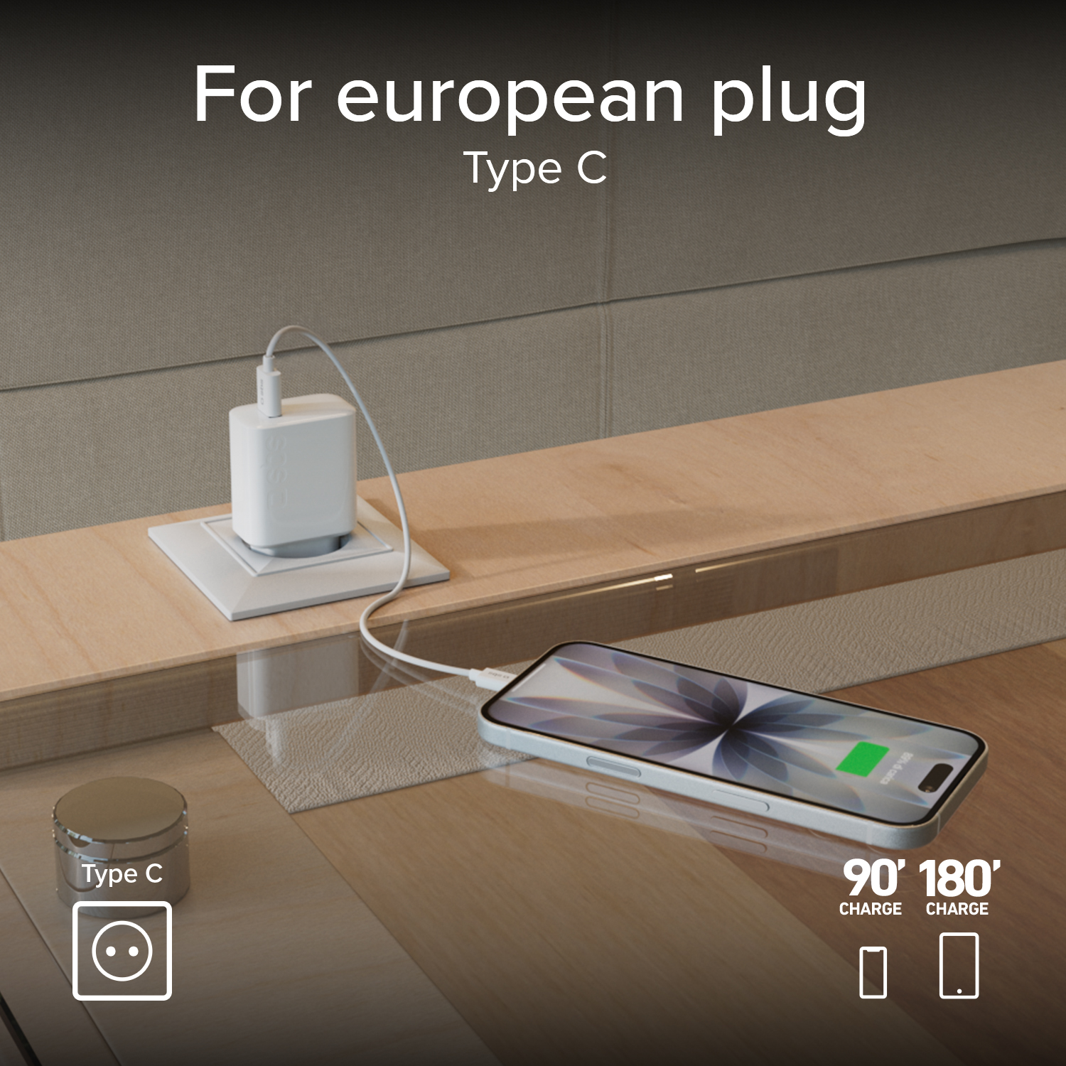 Adattatore bianco carica un telefono. Spina europea Tipo C mostrata.