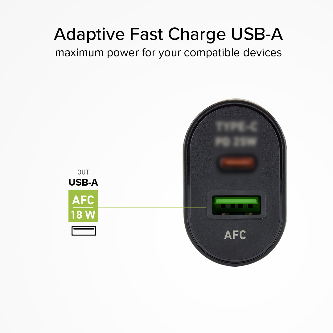 Caricatore USB nero con porta AFC verde e testo.