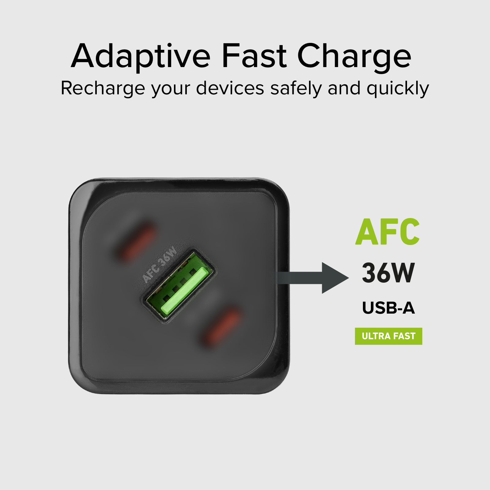 Caricatore nero con porta USB-A verde, 36W AFC.