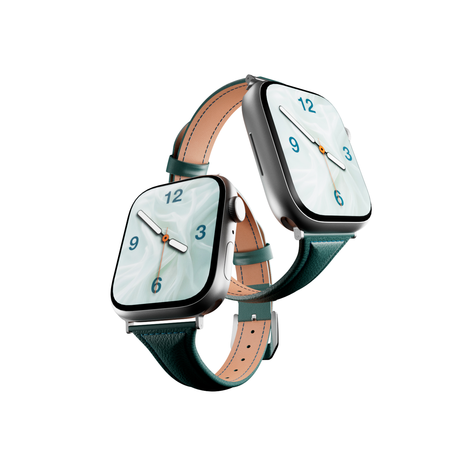 Dos relojes inteligentes plateados con correas de cuero verde azulado, sobre fondo blanco.