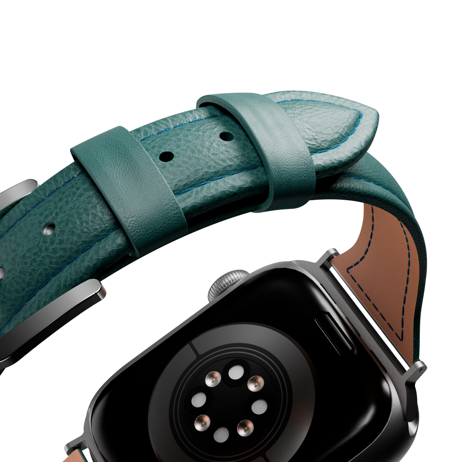 Primer plano de un reloj inteligente con correa de cuero verde azulado y interior marrón.