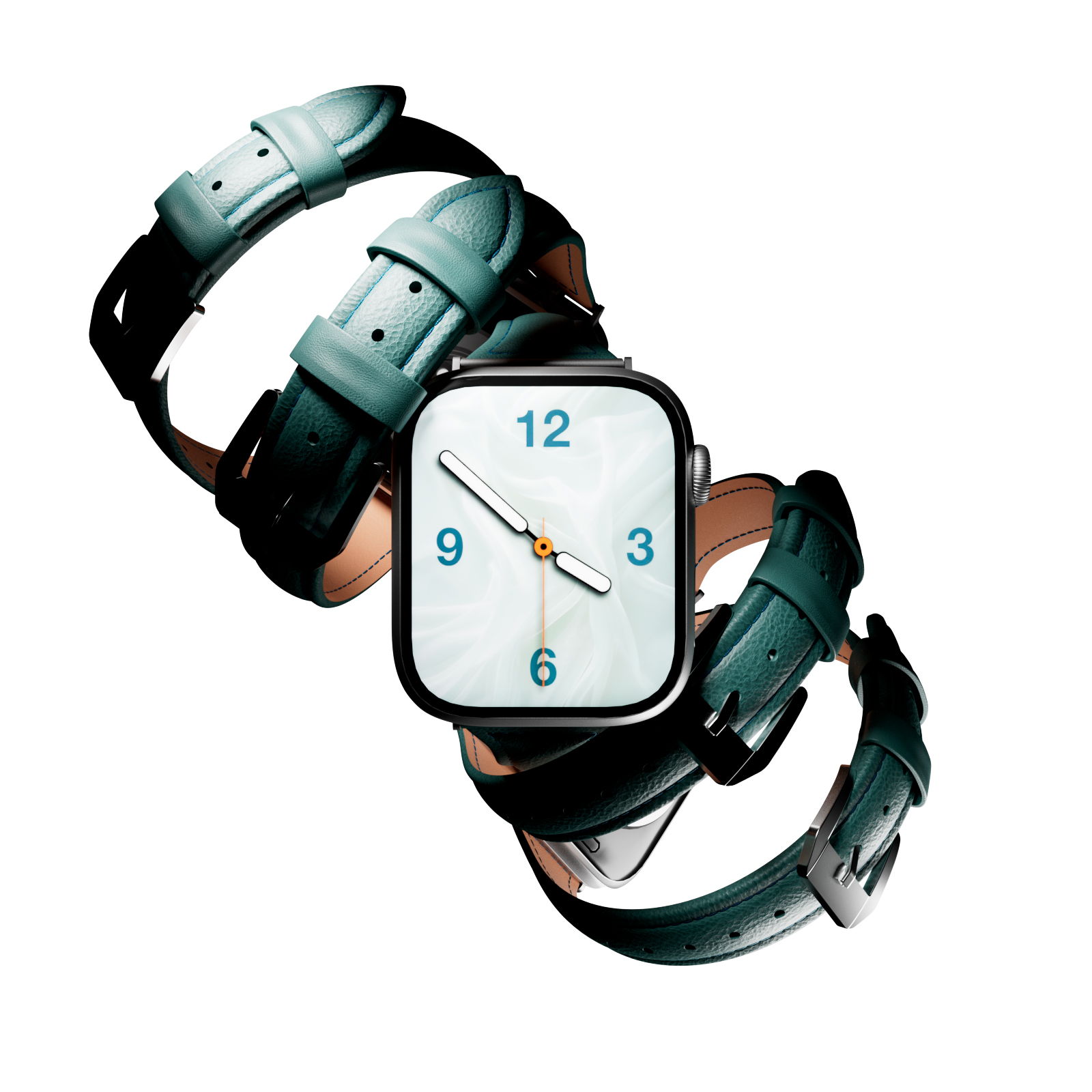 Un arreglo de correa de reloj verde azulado rodea un reloj inteligente con esfera clara.