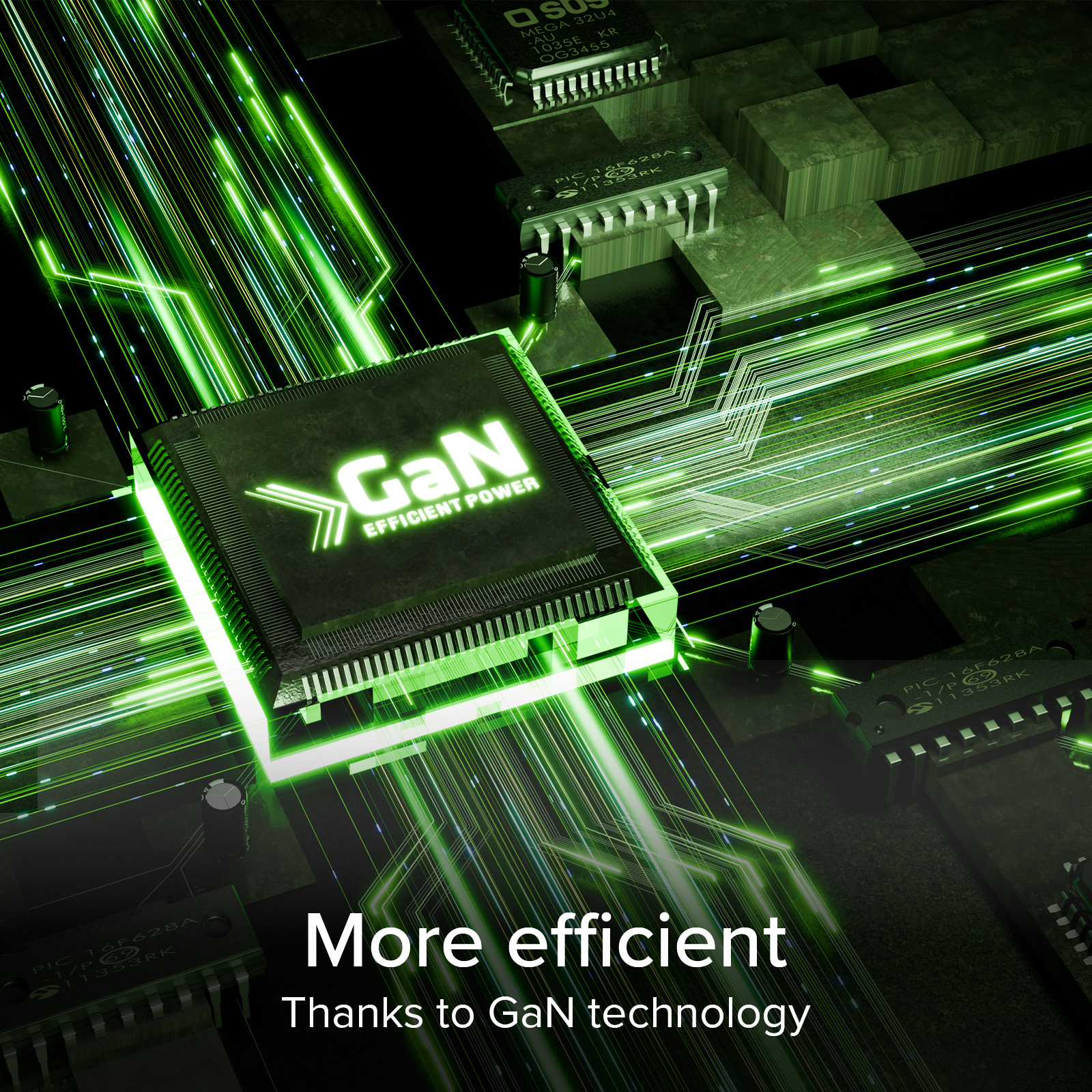 Un chip di computer con tecnologia GaN brilla di verde, circondato da circuiti.