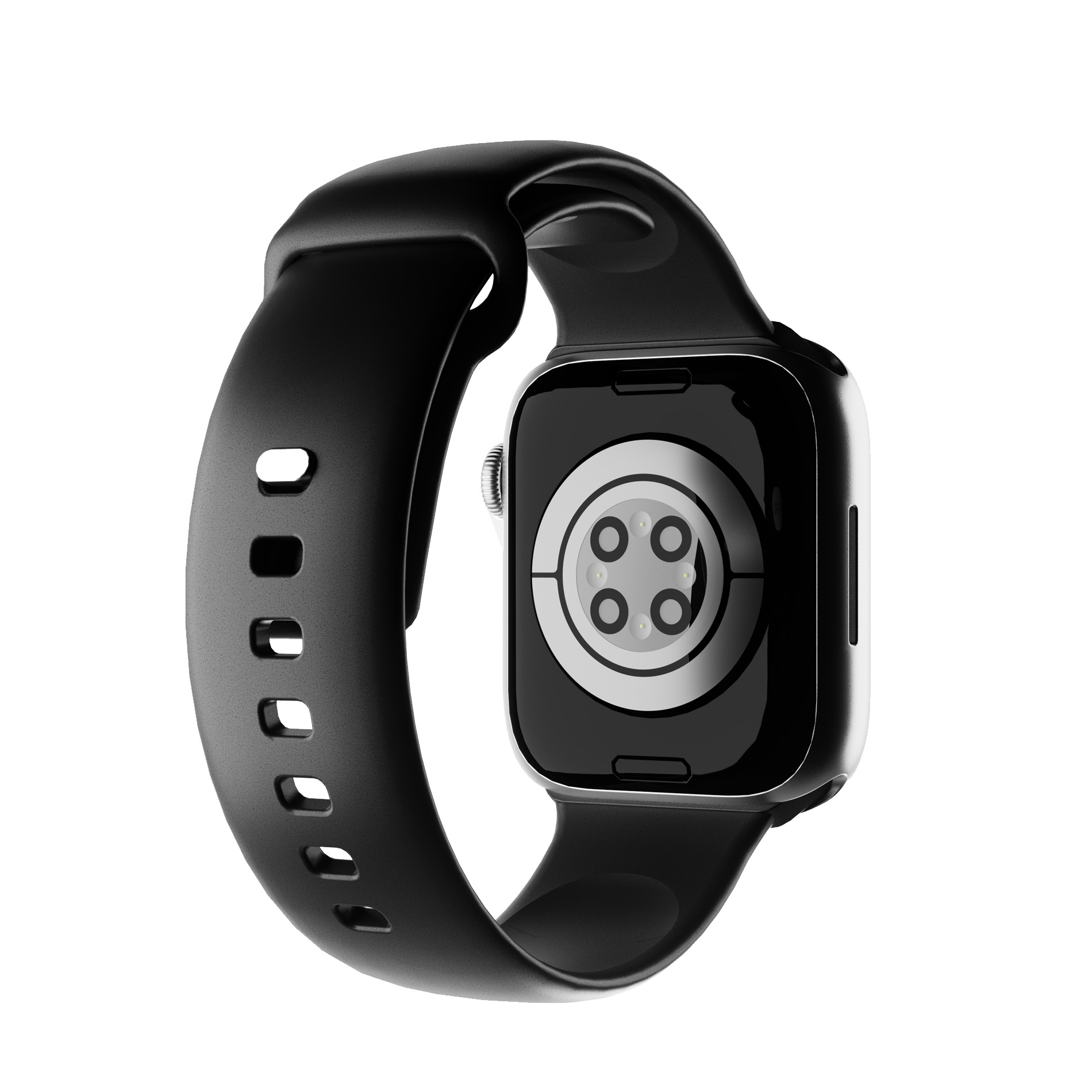Retro di uno smartwatch nero con anello metallico argentato e quattro sensori.