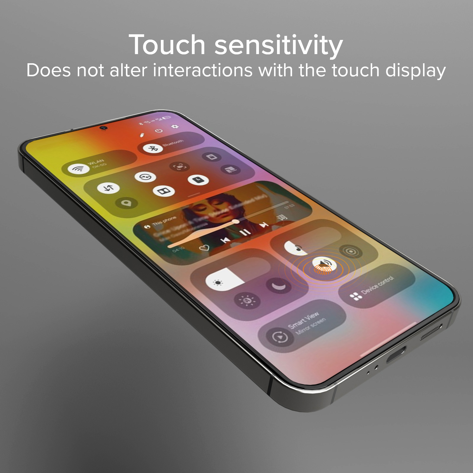 Uno smartphone che visualizza un menu touchscreen con WLAN, Bluetooth e riproduzione musicale.