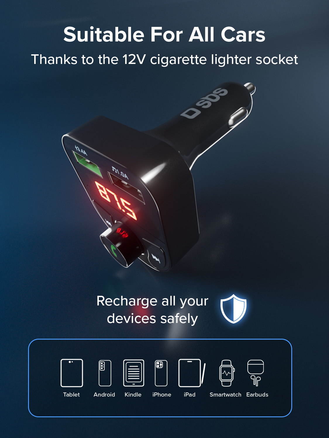 Schwarzer Kfz-Adapter mit rotem LED-Display, zeigt 87.5. Geeignet für alle Autos.