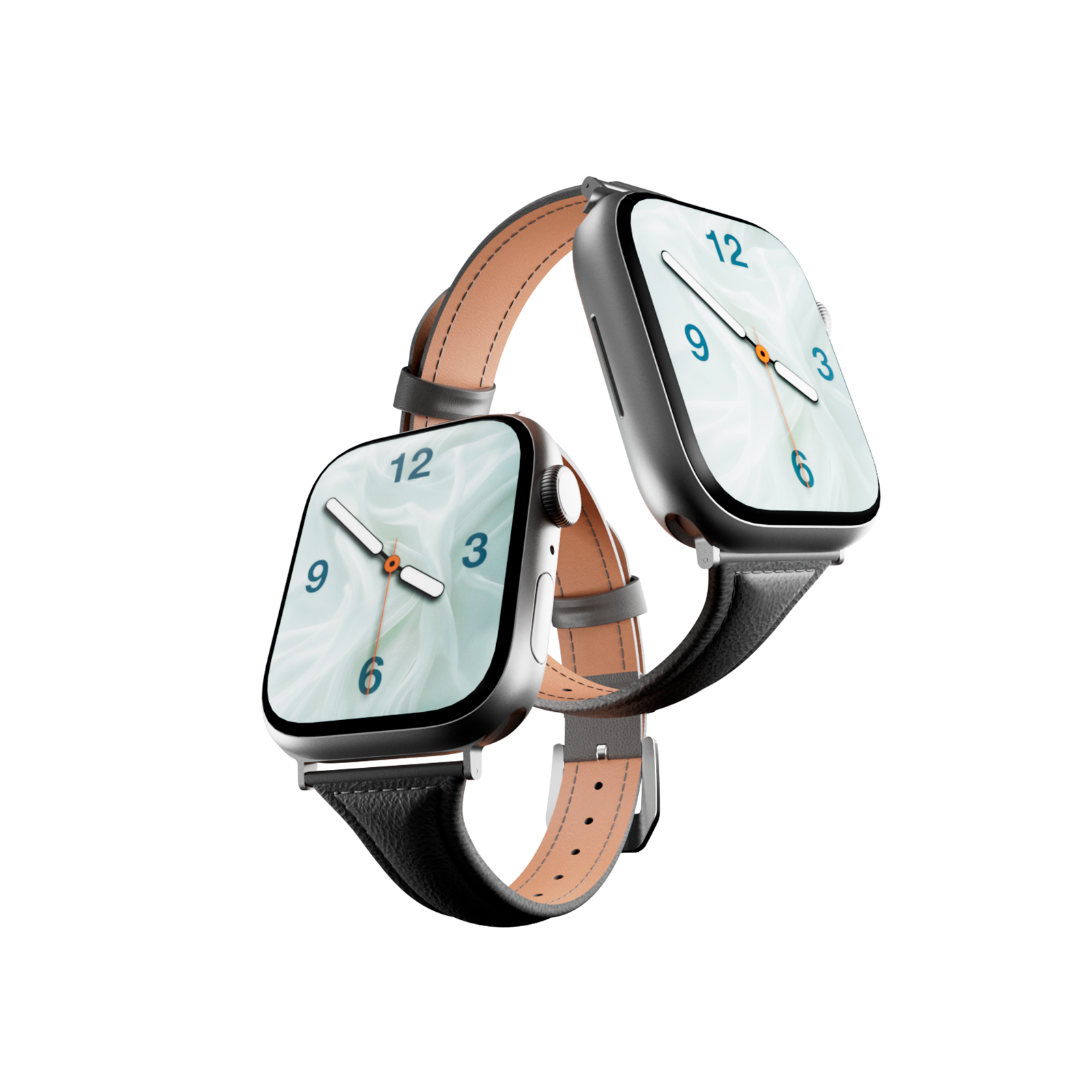 Dos smartwatches plateadas con correas de cuero negro y esferas blancas.