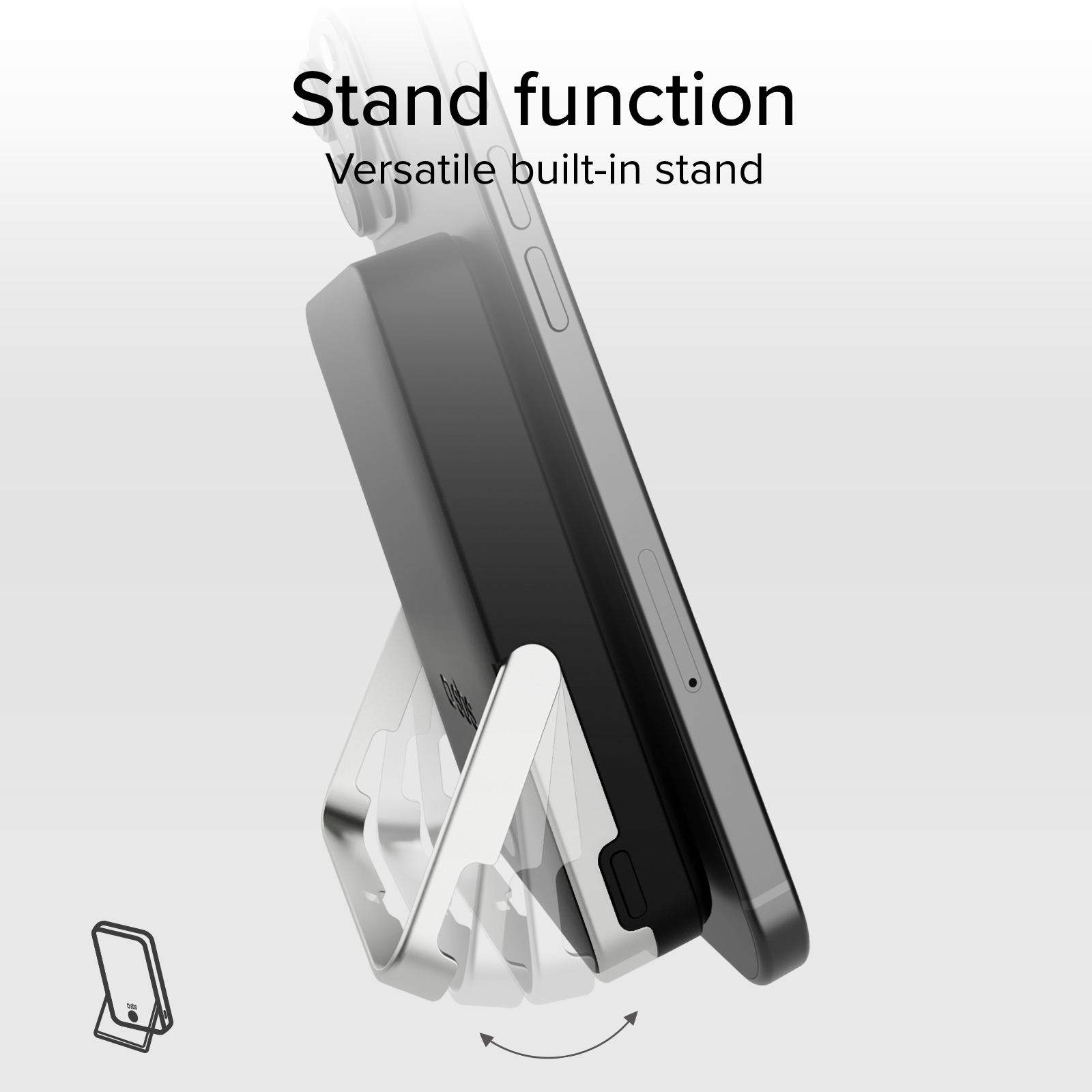Un smartphone negro sobre un soporte plateado plegable con fondo claro.
