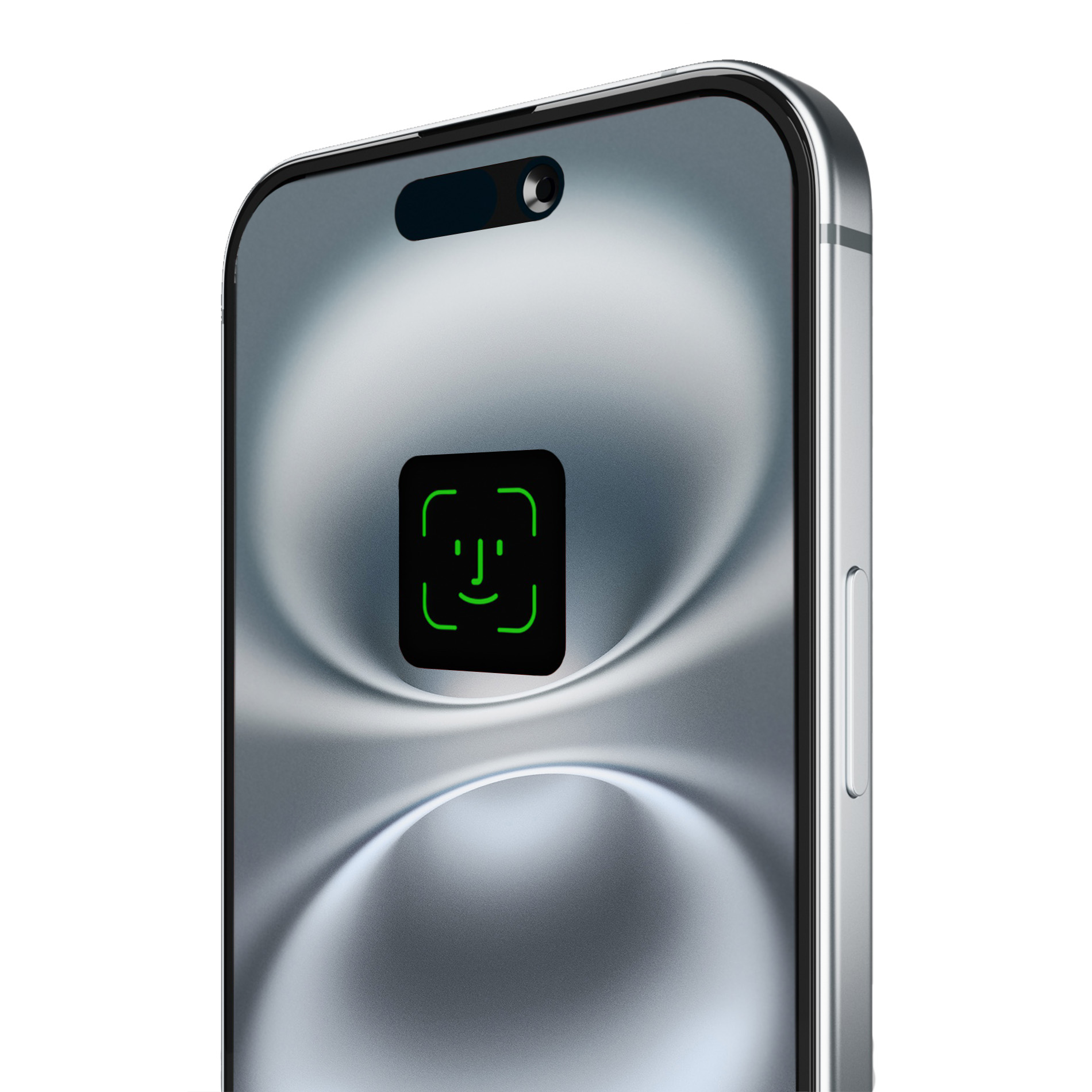 Uno smartphone argentato con un'icona Face ID verde sullo schermo.
