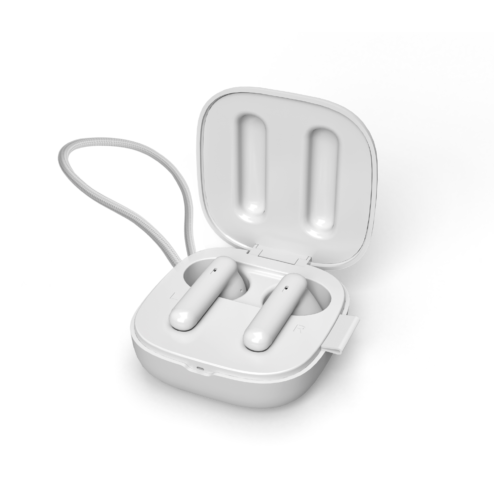 Auricolari wireless bianchi in una custodia di ricarica aperta con anello di cavo.