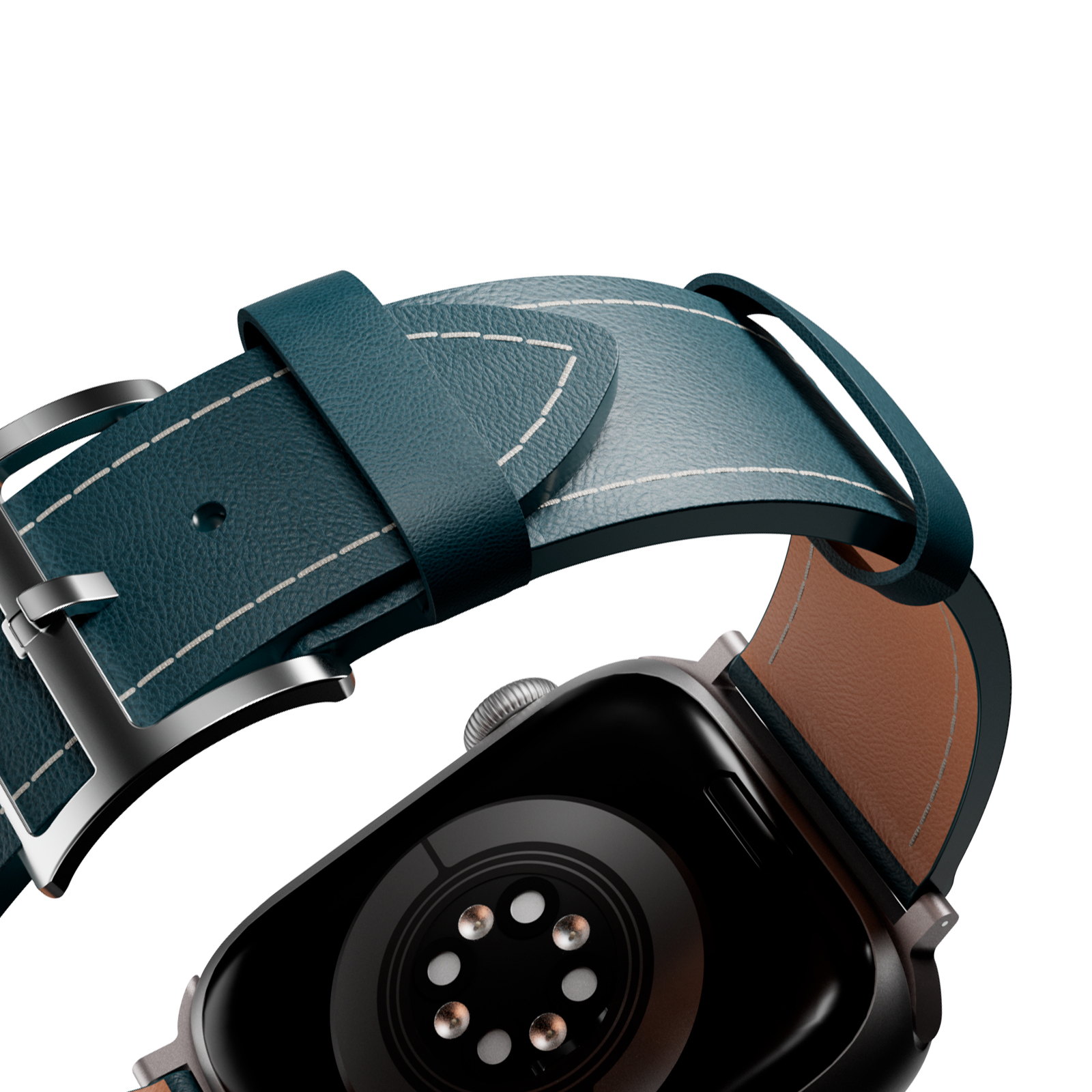 Ein blauer Lederuhrenarmband mit weißen Nähten und einer Metallschnalle.