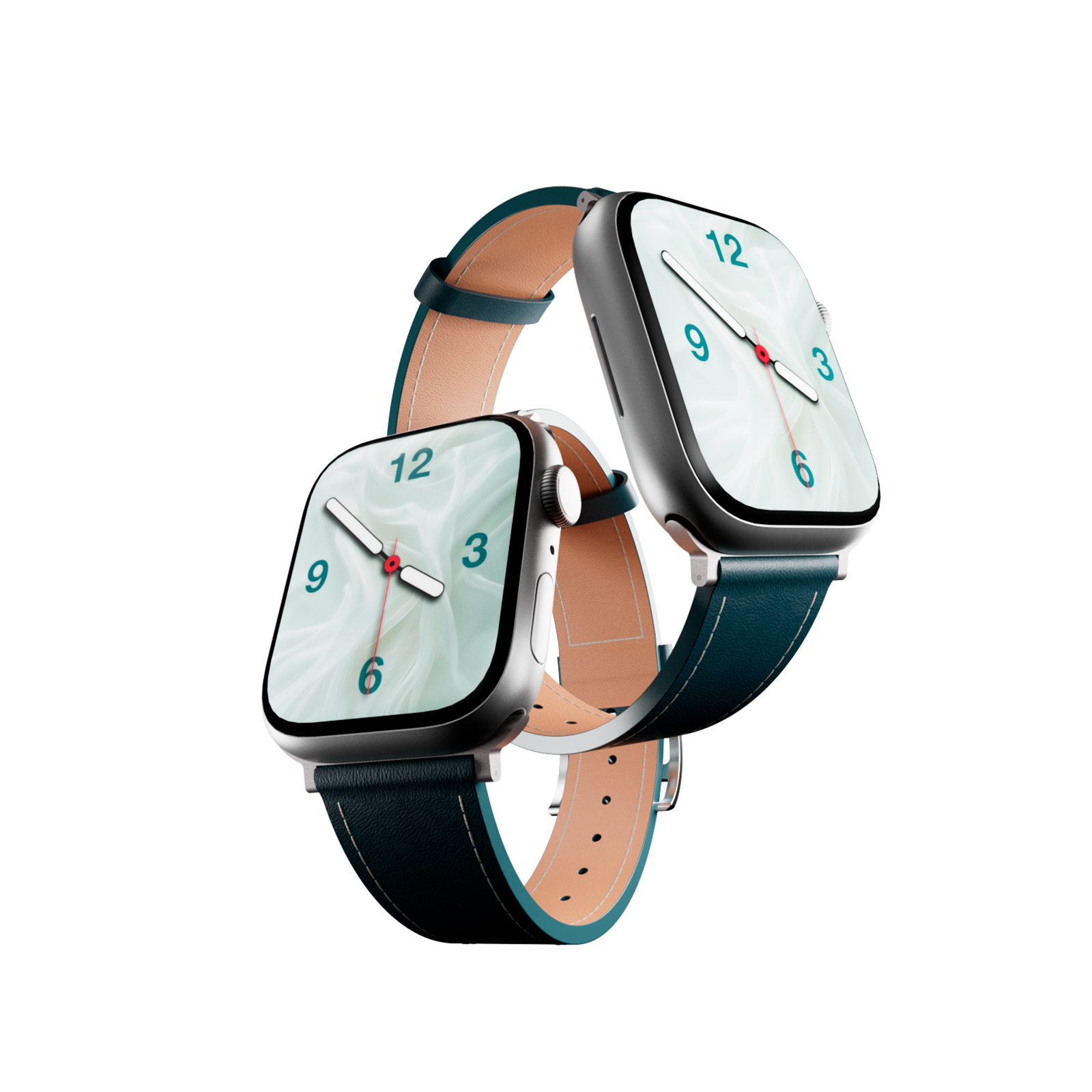 Zwei Smartwatches mit Lederarmbändern in Dunkelgrün und Hellbraun.