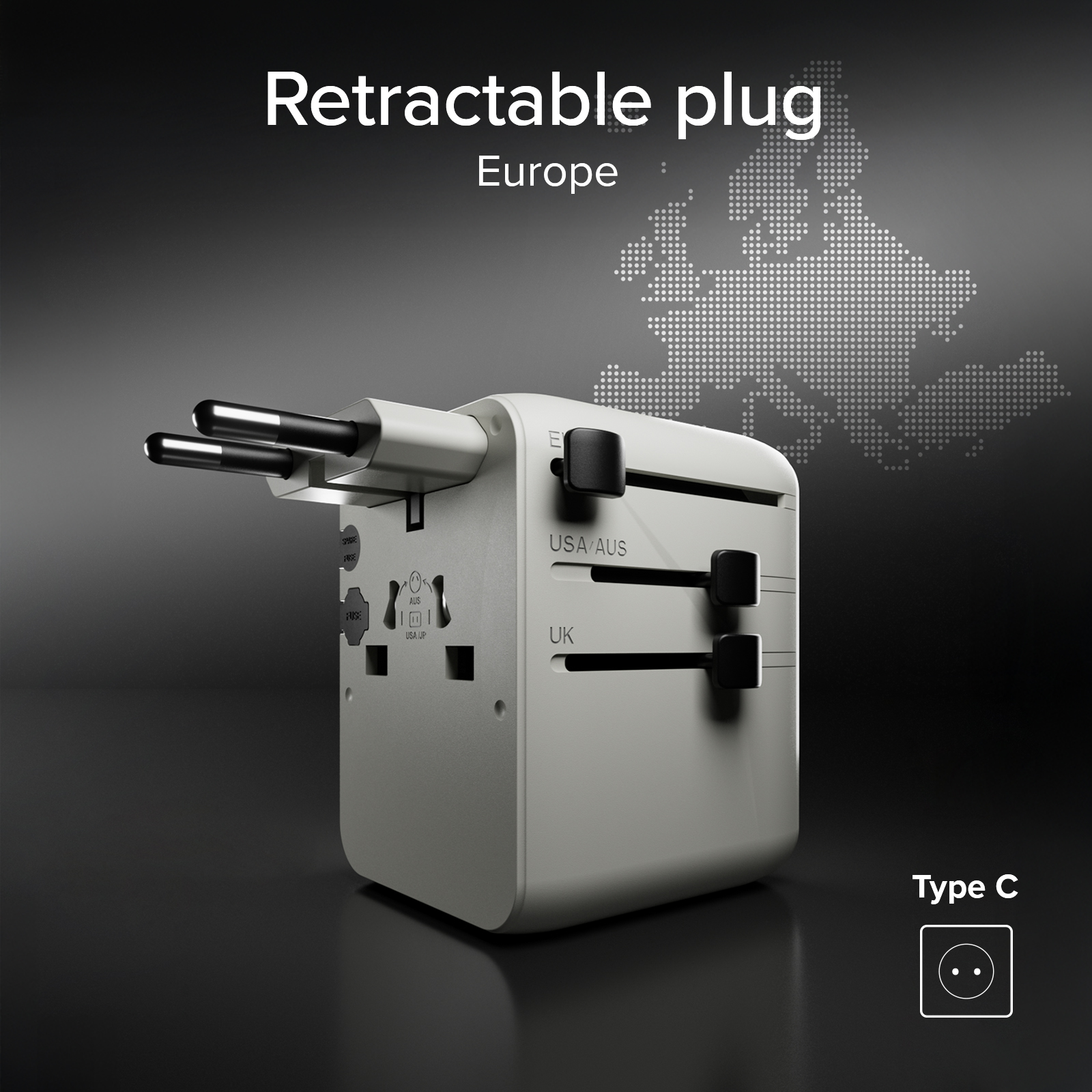 Un adattatore da viaggio bianco con spine retrattili per Europa, USA/AUS e Regno Unito.