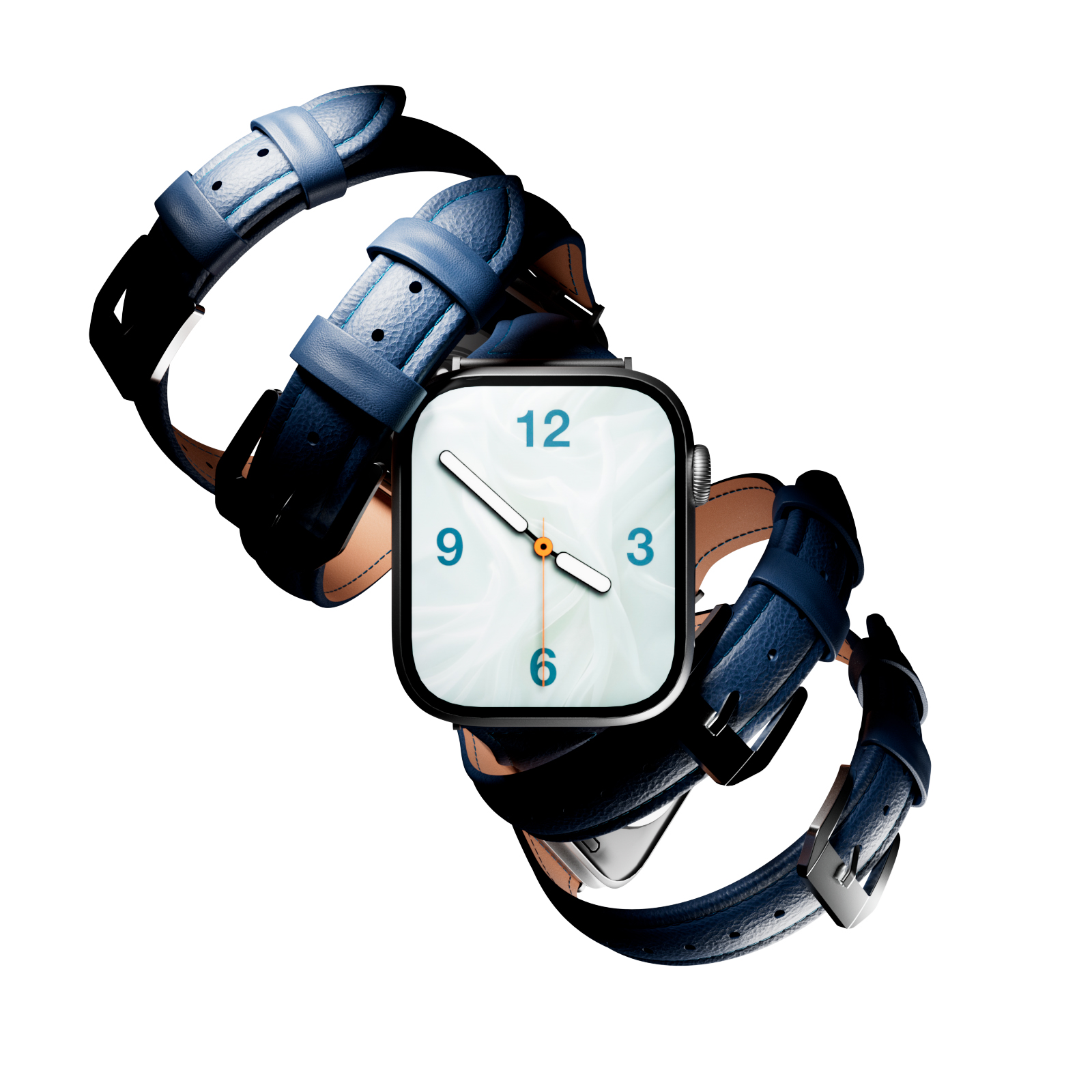 Un reloj inteligente plateado con correa de cuero azul y esfera blanca.
