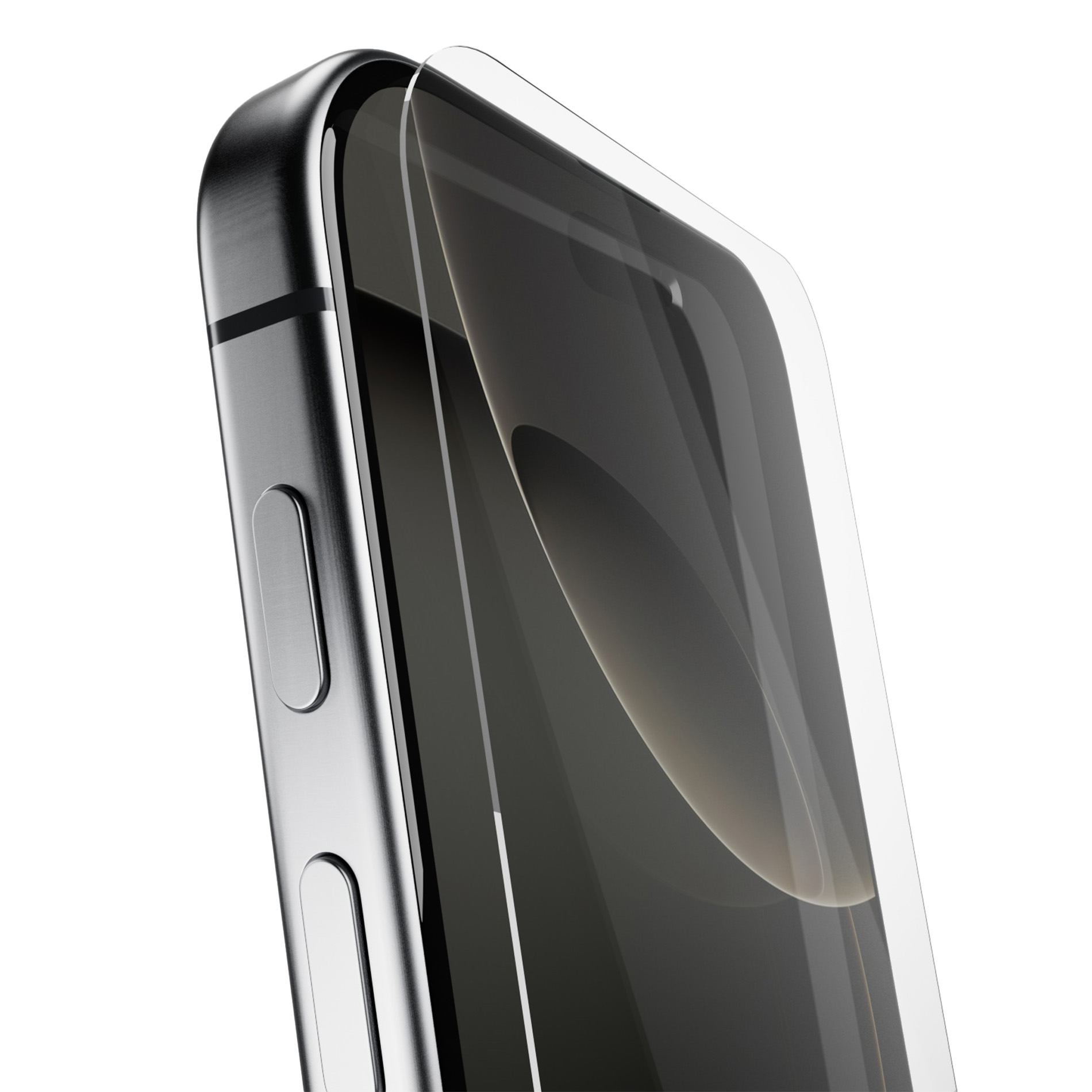 Primer plano del borde de un teléfono plateado con protector de pantalla.