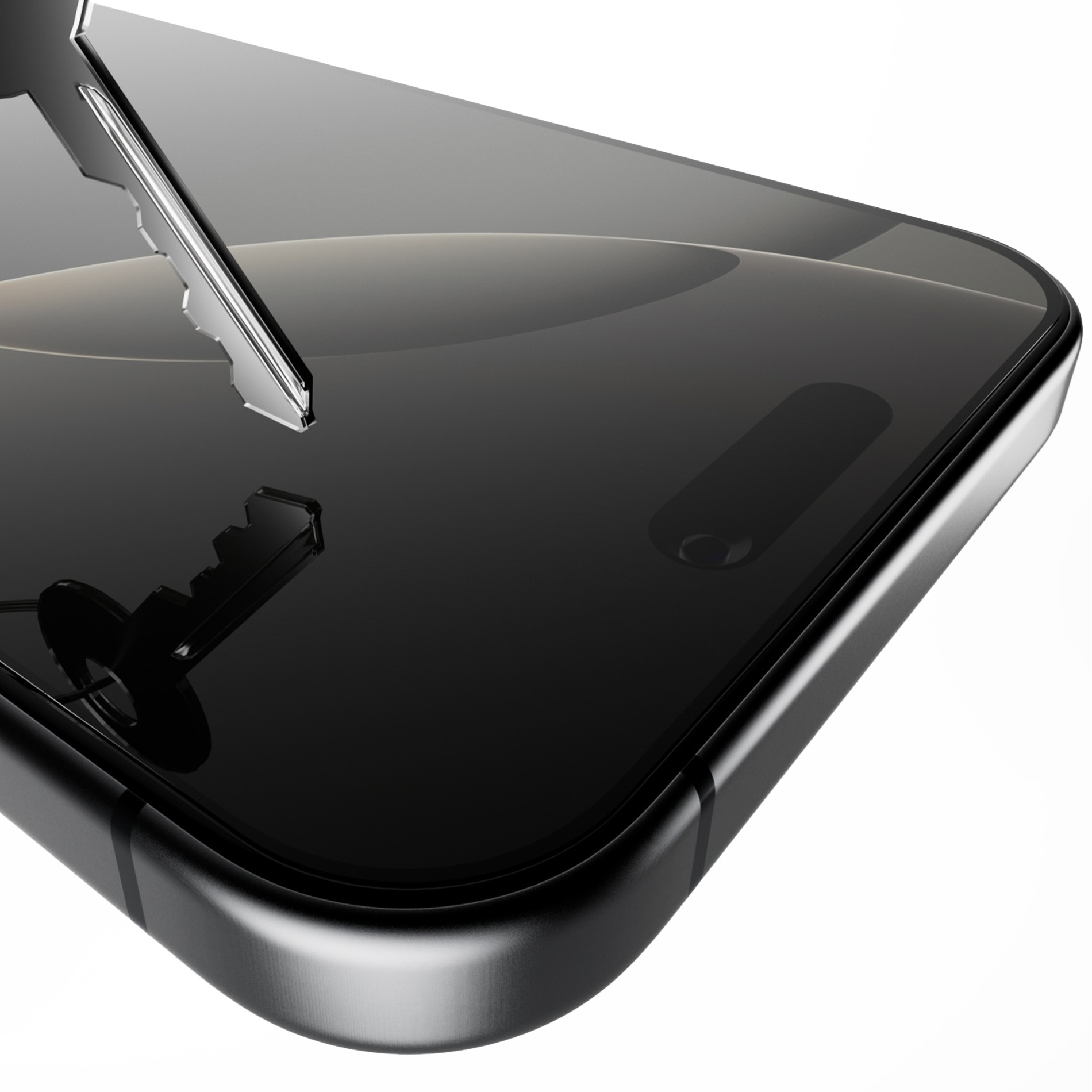 Una llave plateada flota sobre la pantalla de un smartphone oscuro.