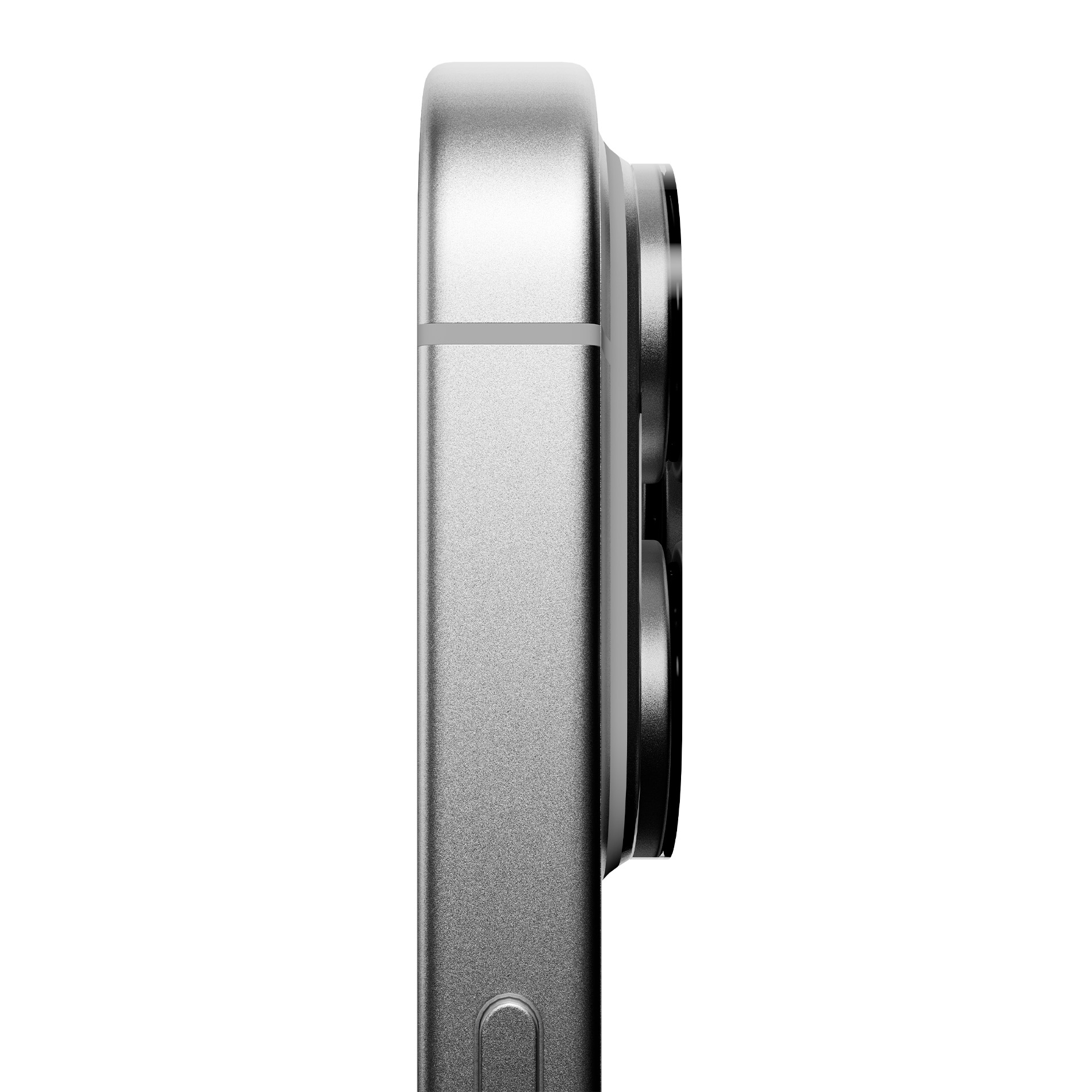 Primo piano di una fotocamera per smartphone argentata con tre obiettivi su sfondo bianco.