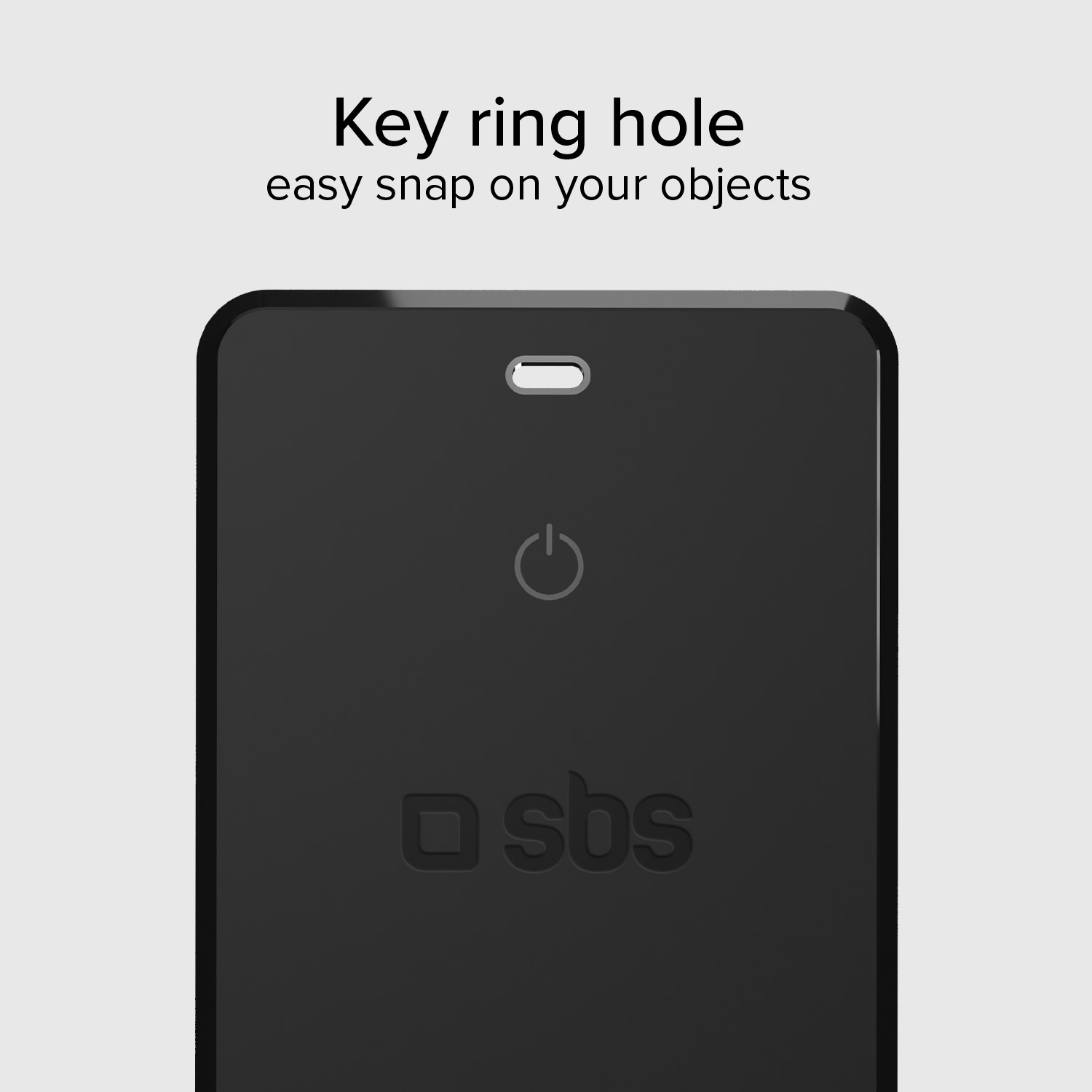 Objeto rectangular negro con orificio para llavero y logo SBS.