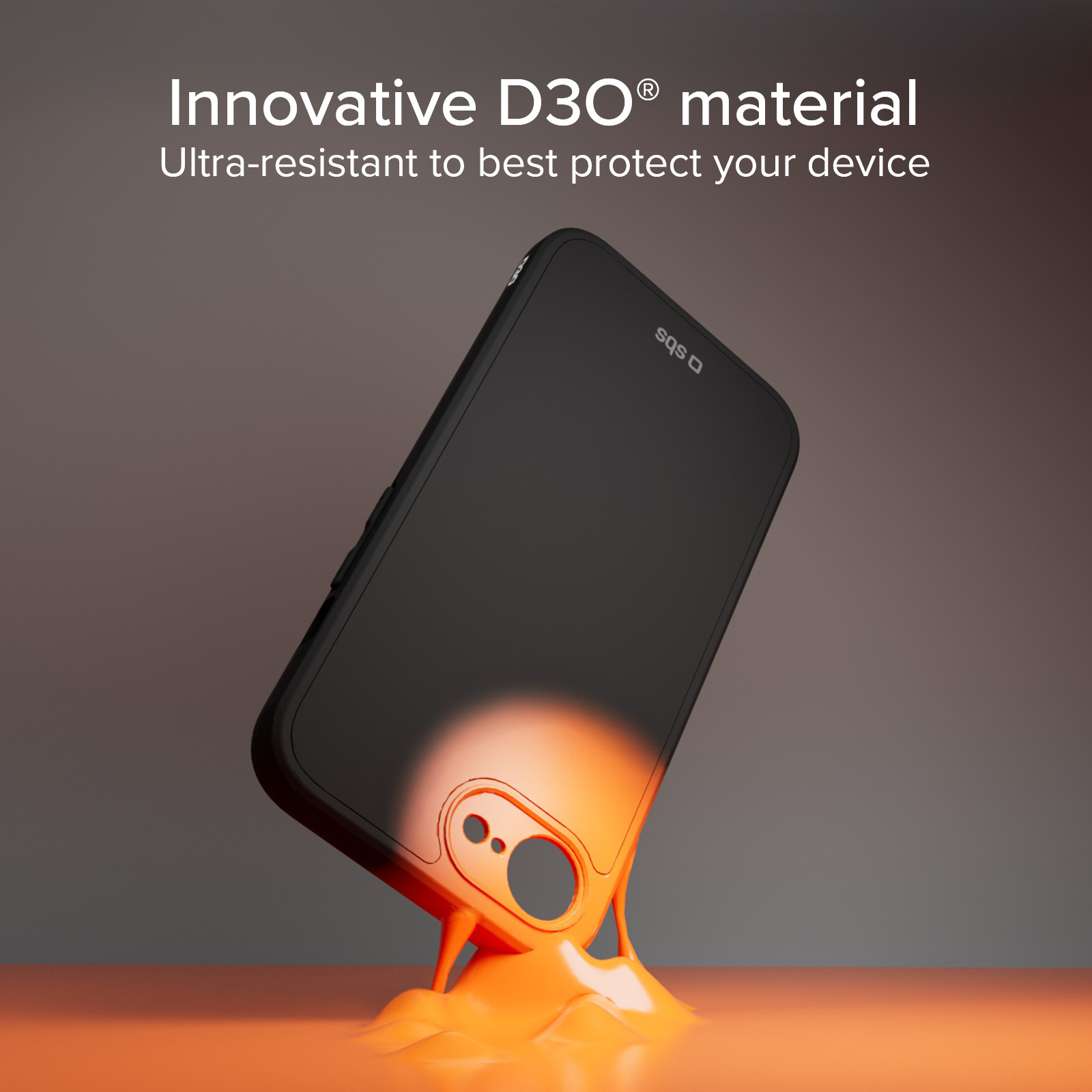 Schwarzes Handy auf orangefarbener, schmelzender Oberfläche, D3O-Material