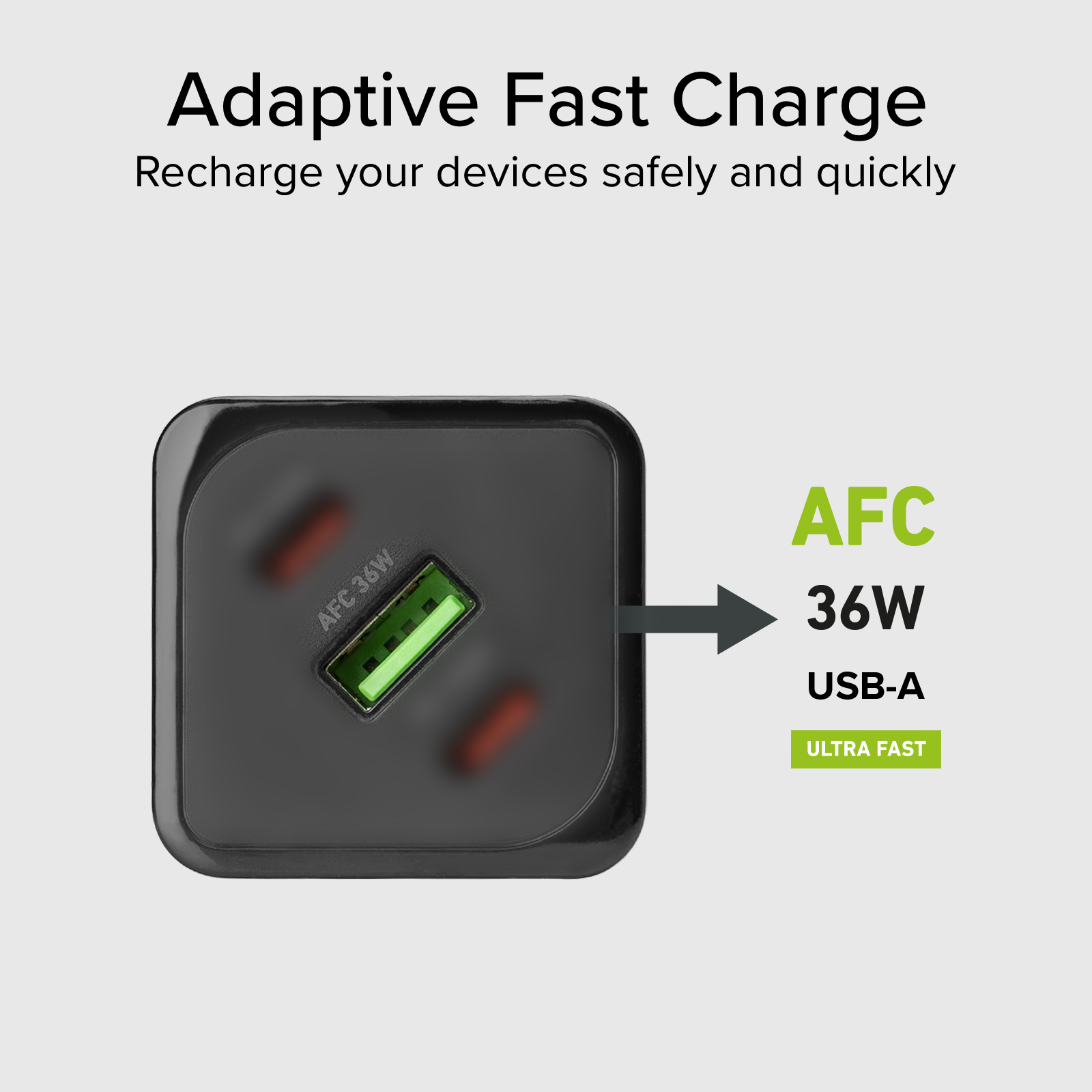 Caricatore nero con porta USB-A AFC da 36W per ricarica rapida.