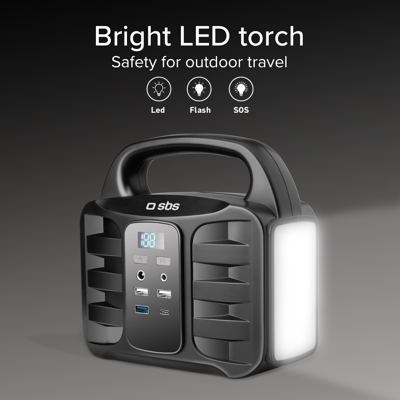 Un faretto LED nero e portatile con manico, display e diverse porte.