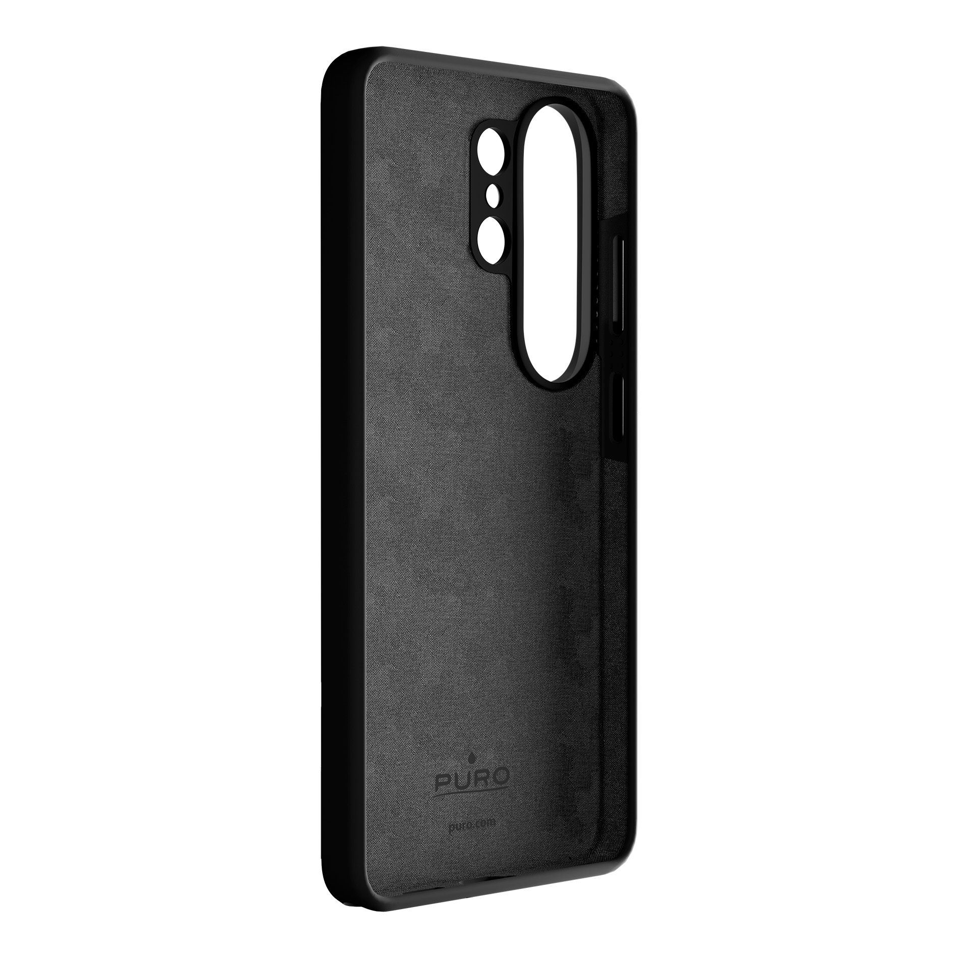 Cover nera per telefono con ritagli per fotocamera e pulsanti su sfondo bianco.