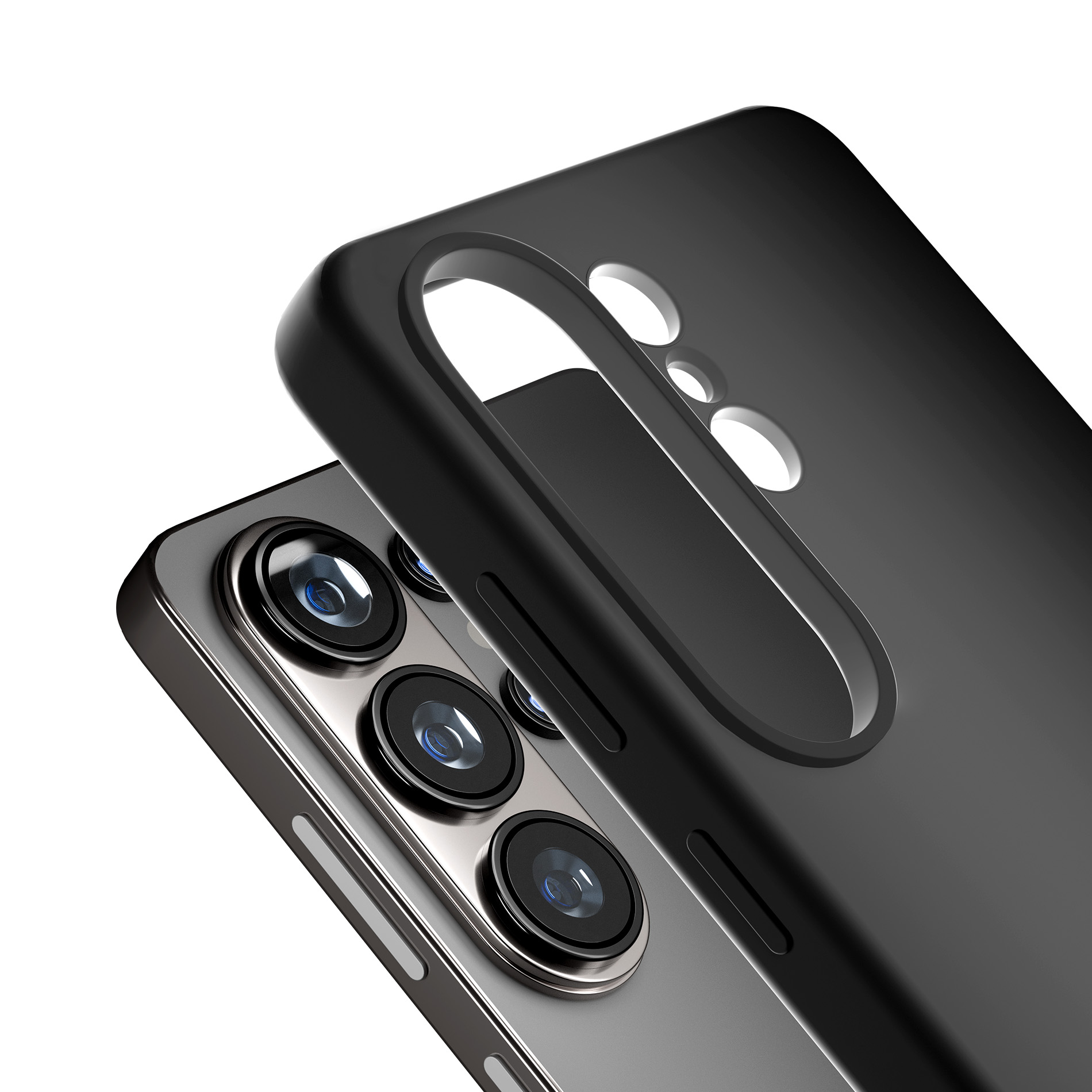 Custodia nera per telefono con ritaglio fotocamera e smartphone con più obiettivi.