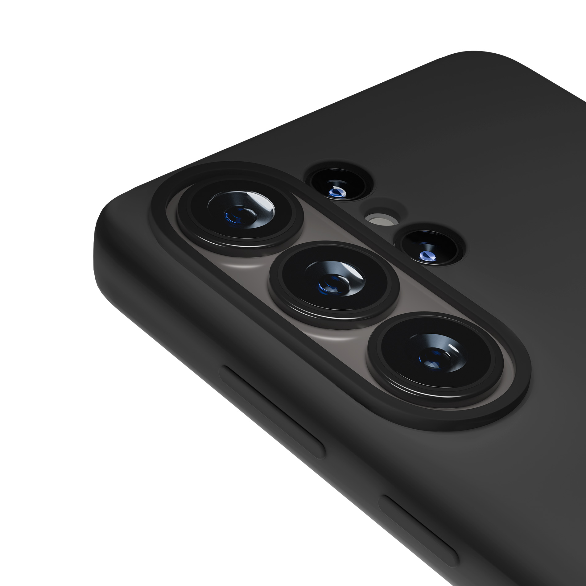 Primo piano del retro di uno smartphone nero con tre obiettivi e flash.
