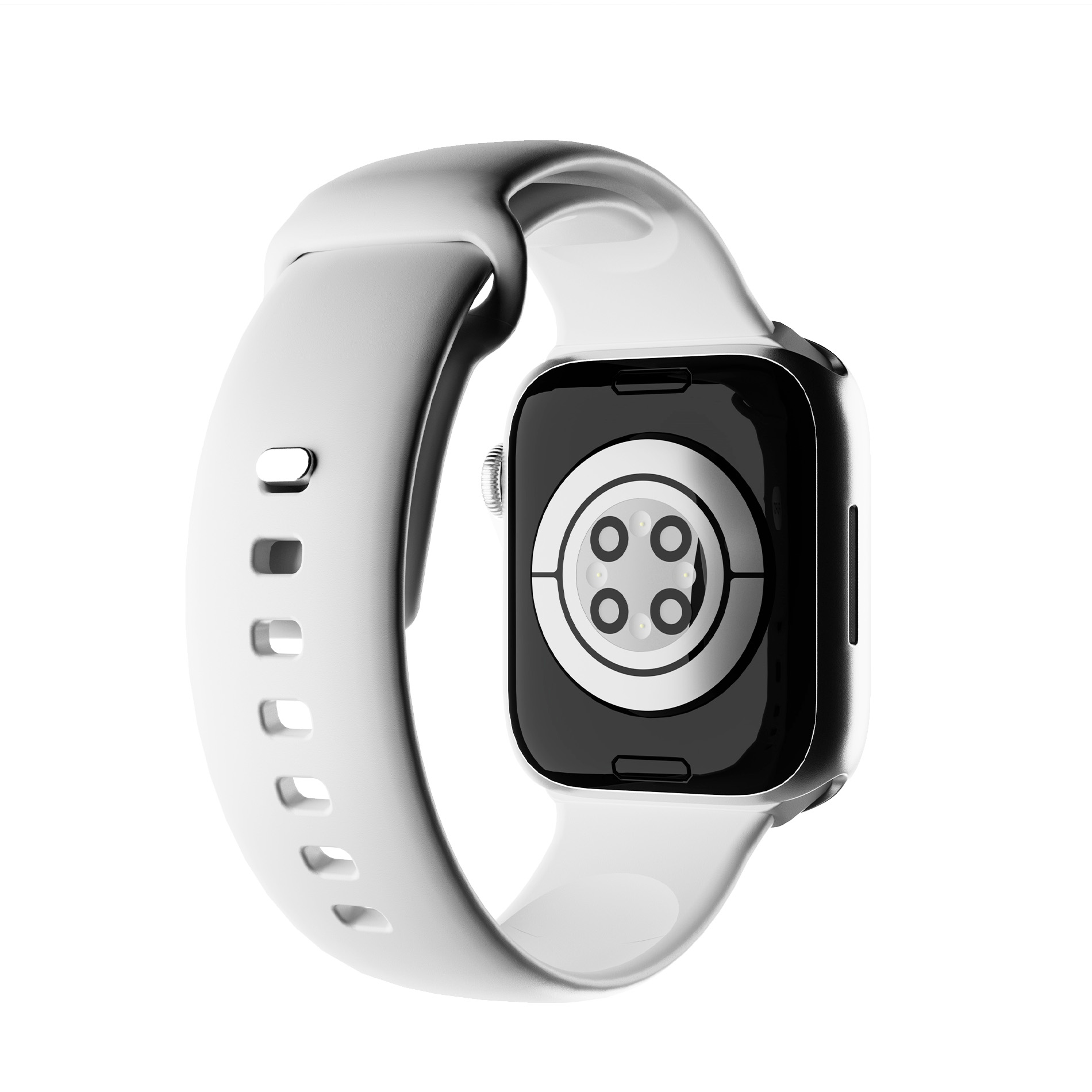 Vista trasera de un smartwatch gris con banda blanca y contactos de carga.