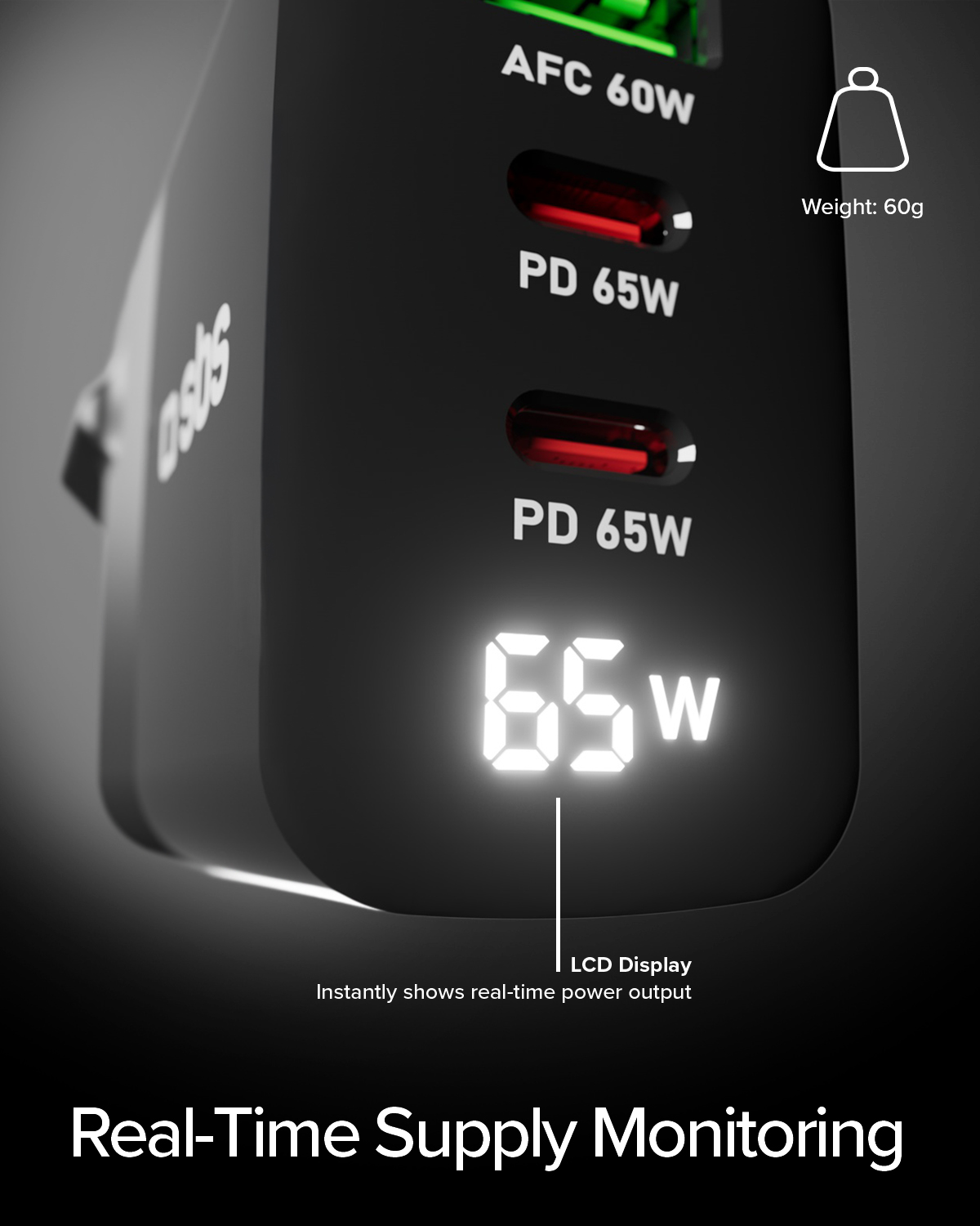 Schwarzes Ladegerät mit LCD-Anzeige, die 65W zeigt.