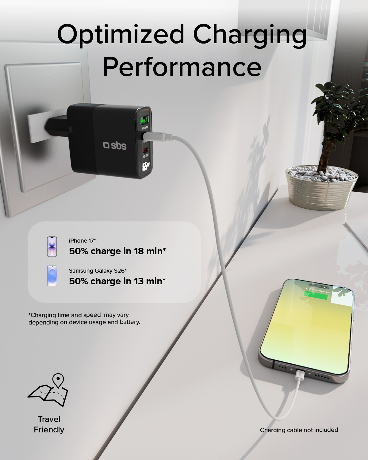 Schwarzes SBS-Ladegerät mit 65W, das ein iPhone und ein Samsung Galaxy lädt.
