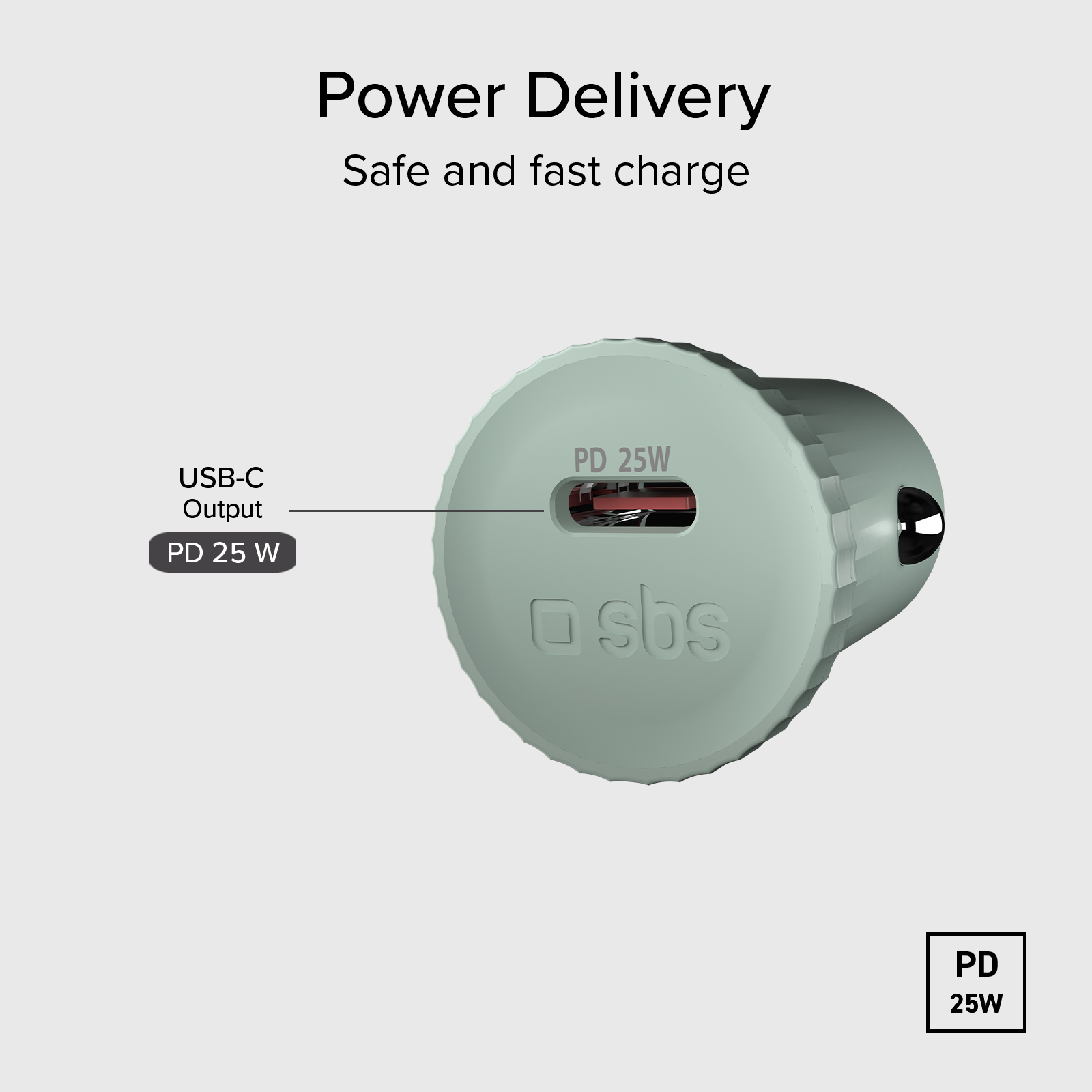 Un cargador USB-C azul claro con 25W de potencia.
