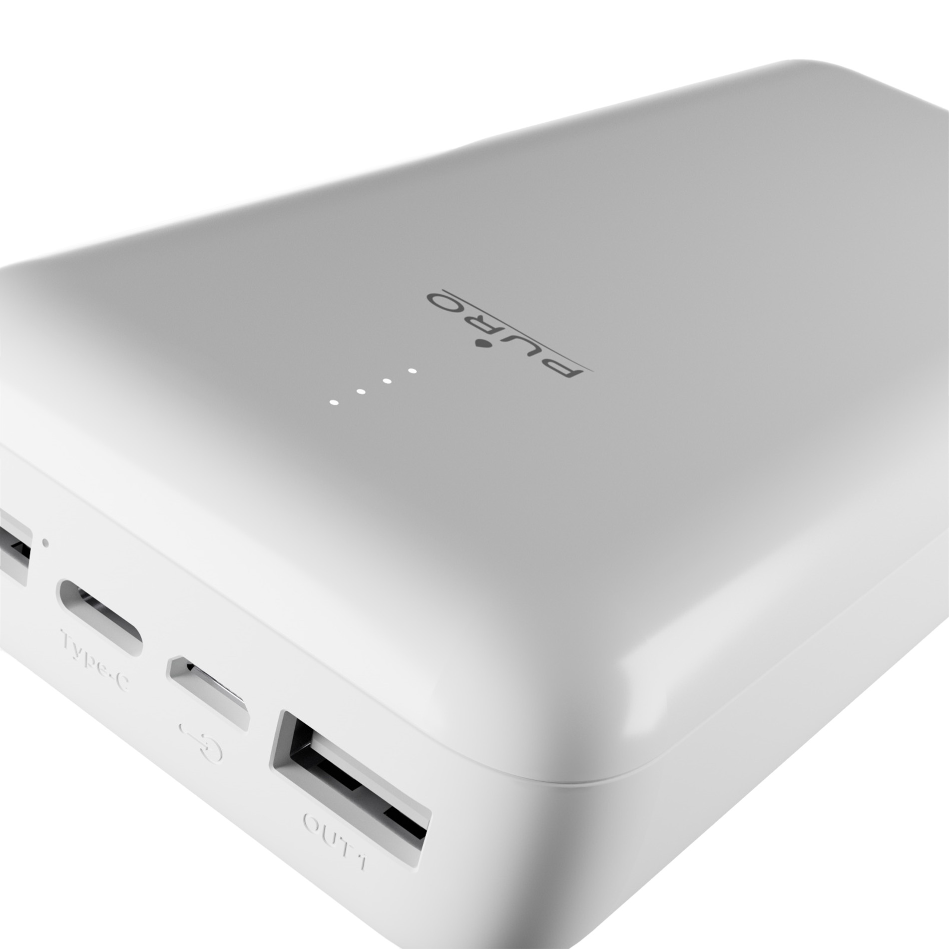 Power bank bianco Puro con porte USB-C e USB-A, e quattro spie.