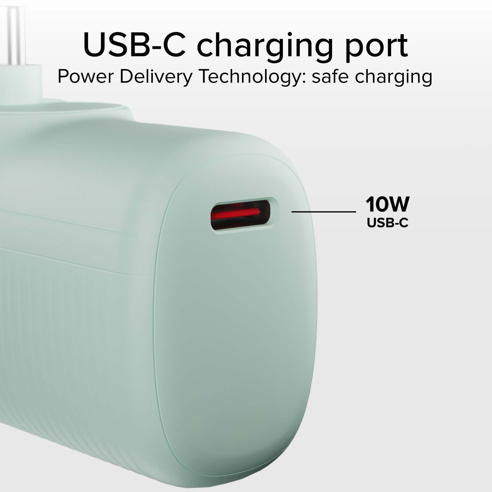 Un adattatore di ricarica USB-C verde chiaro da 10W.