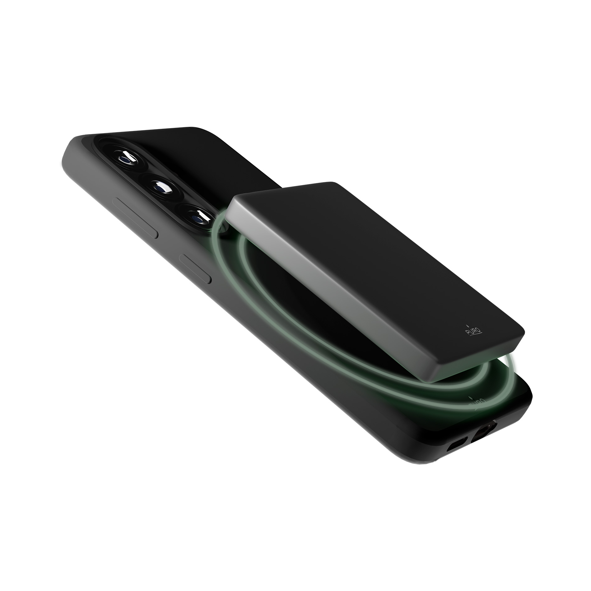 Smartphone nero con modulo fotocamera e pacco batteria nero fissato magneticamente.