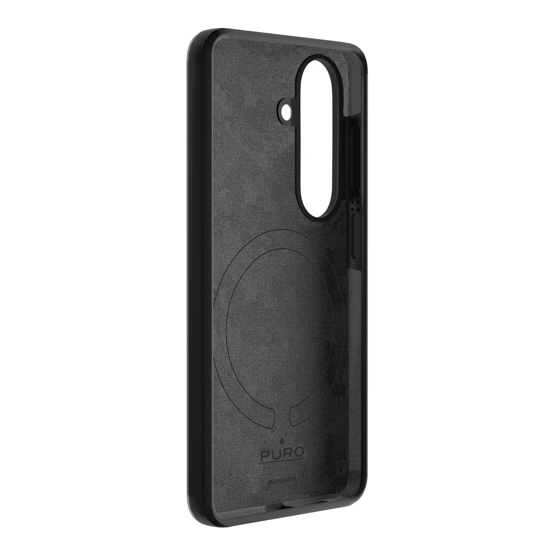Custodia nera per telefono con ritaglio fotocamera e accesso pulsanti.