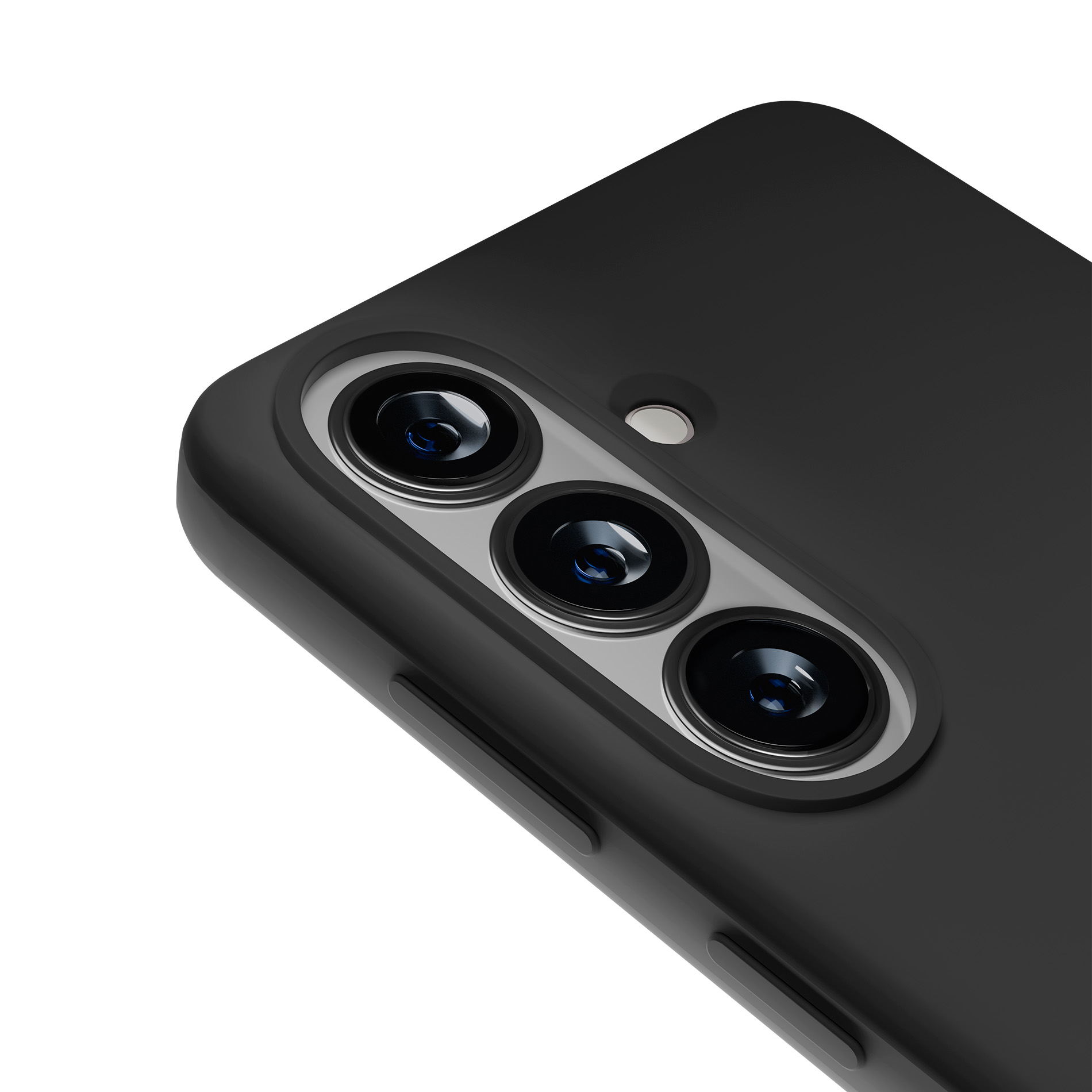 Primo piano di una custodia nera per telefono con tre obiettivi e flash.