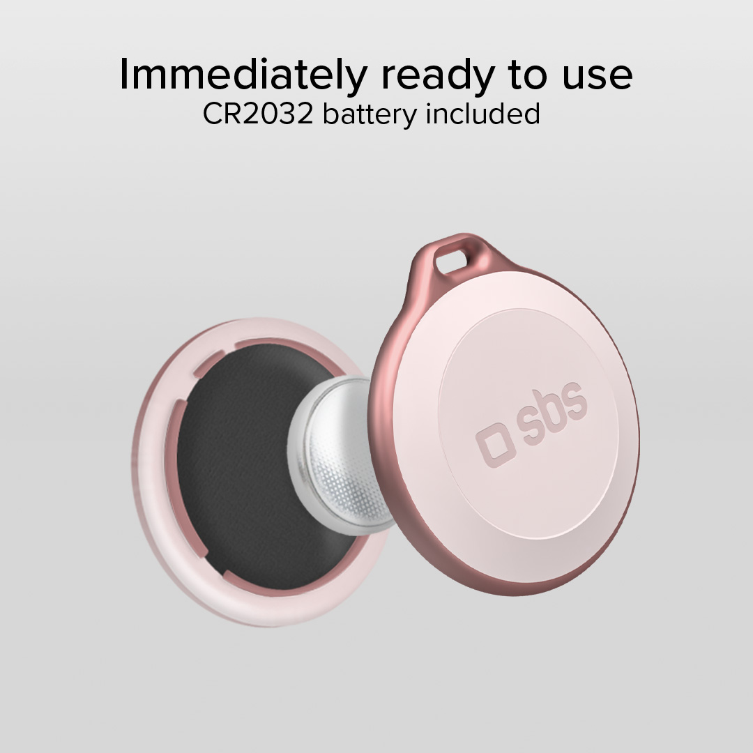 Un localizzatore color oro rosa con batteria CR2032, pronto all'uso.