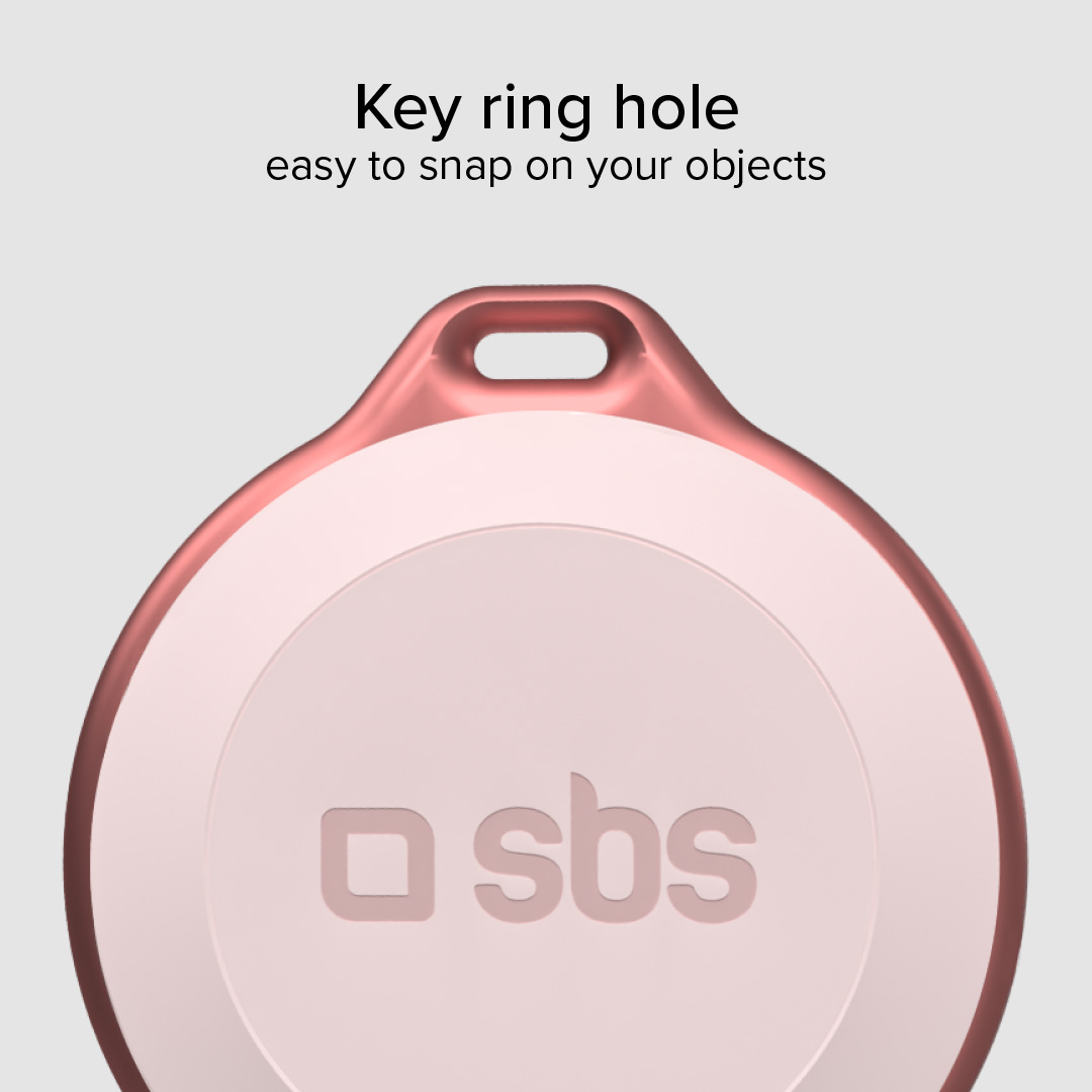 Tracker rosa con foro per portachiavi e logo SBS.