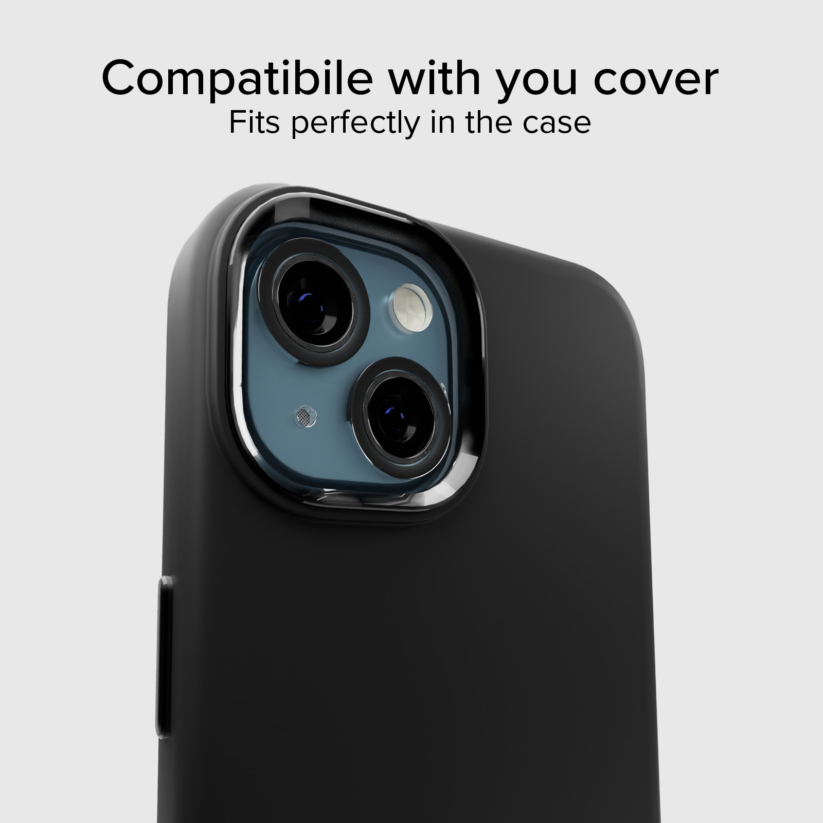 Primer plano de una funda de teléfono negra que muestra las lentes de la cámara.