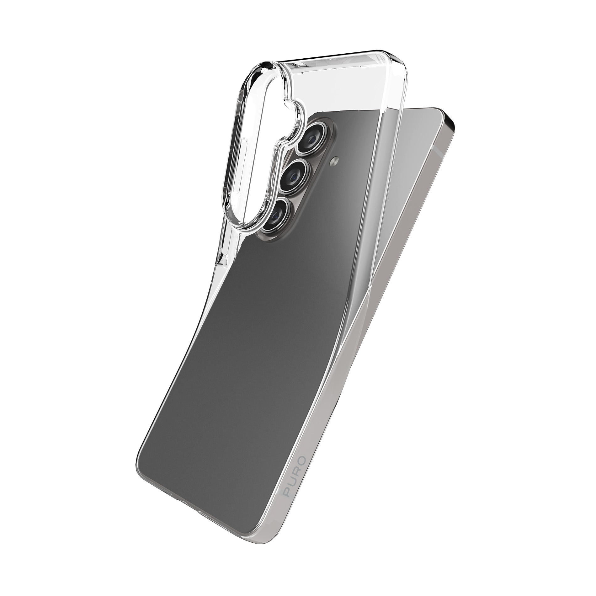 Una custodia trasparente protegge uno smartphone grigio con tre fotocamere.