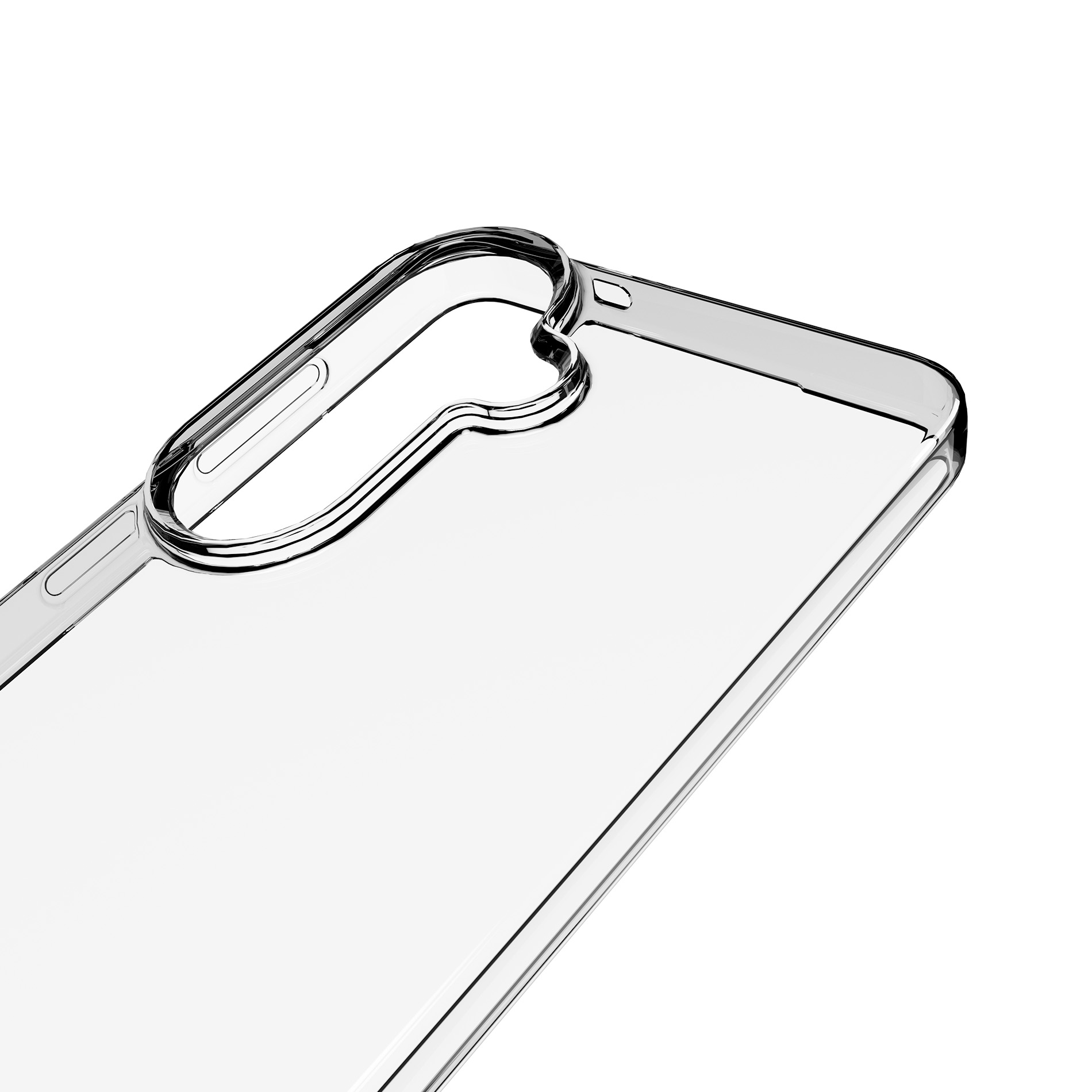 Una cover trasparente per telefono con ritagli per fotocamera e pulsanti, su sfondo bianco.