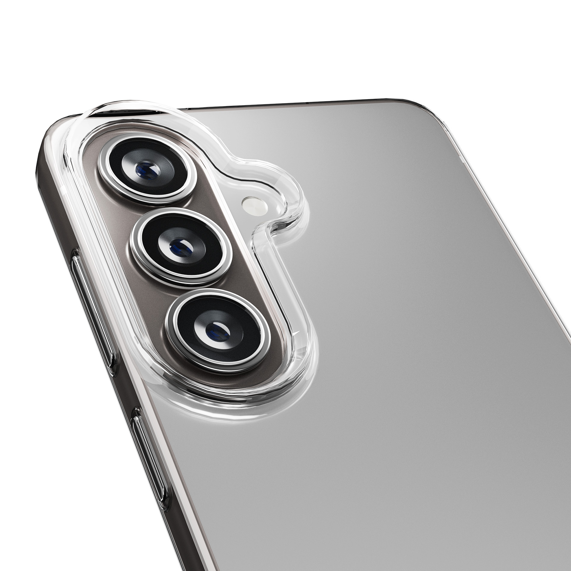 Una cover trasparente protegge il modulo tripla fotocamera di uno smartphone grigio.