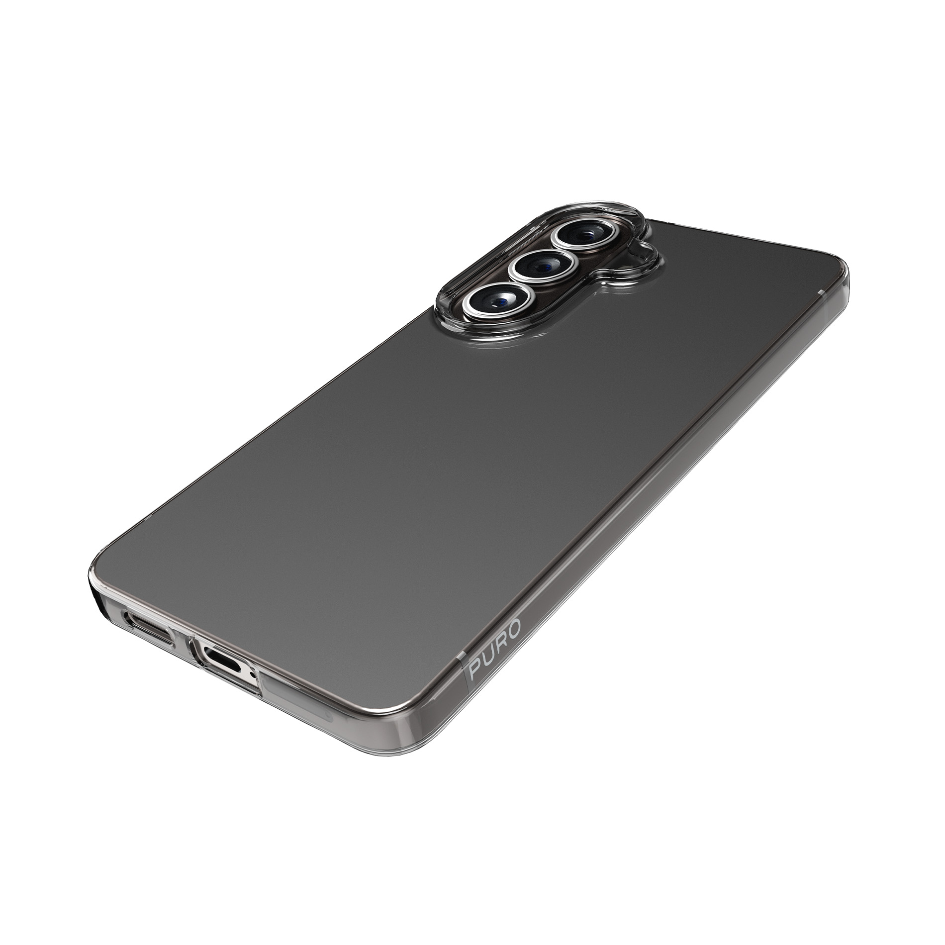 Uno smartphone scuro con una tripla fotocamera posteriore.