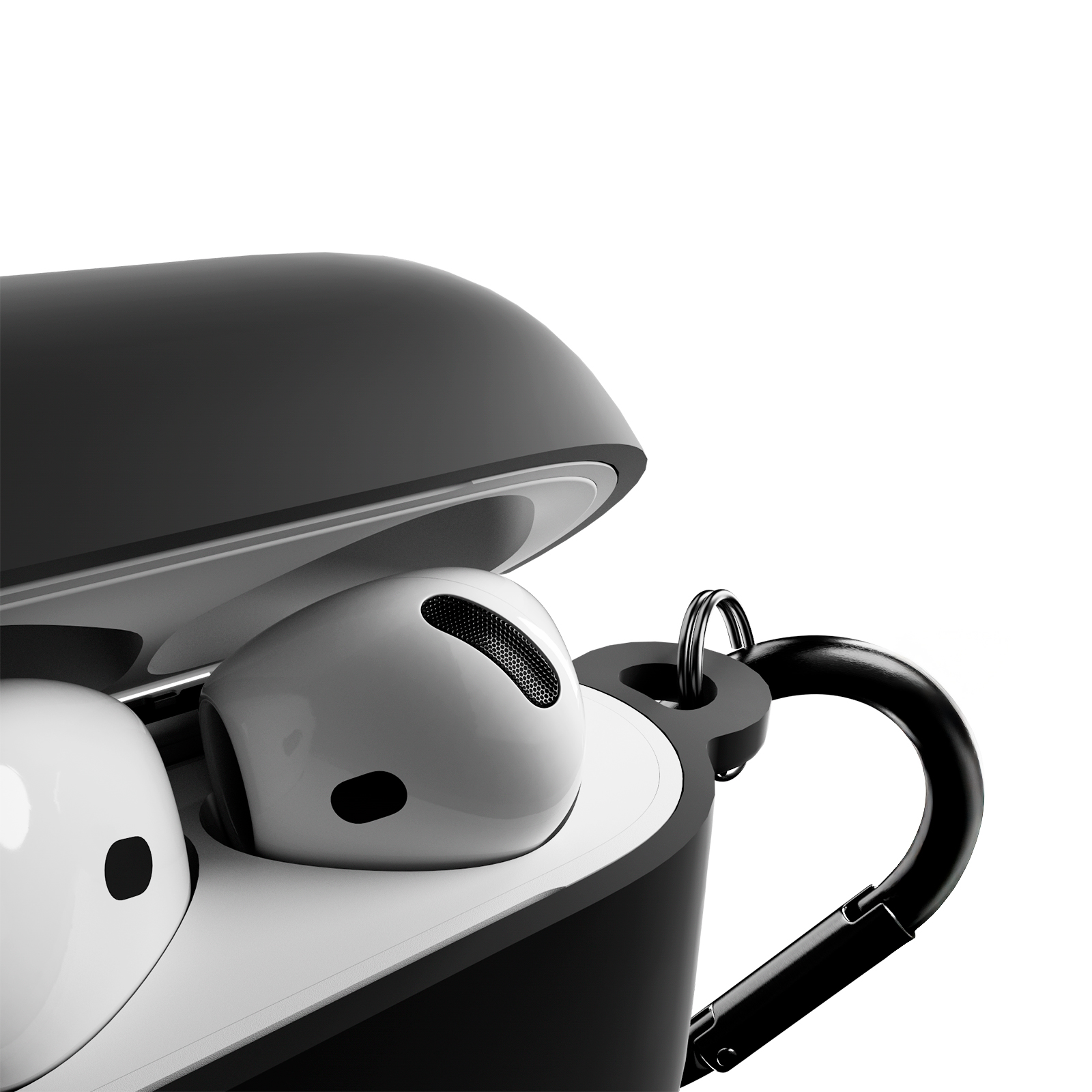 Auriculares blancos en estuche de carga negro con clip.