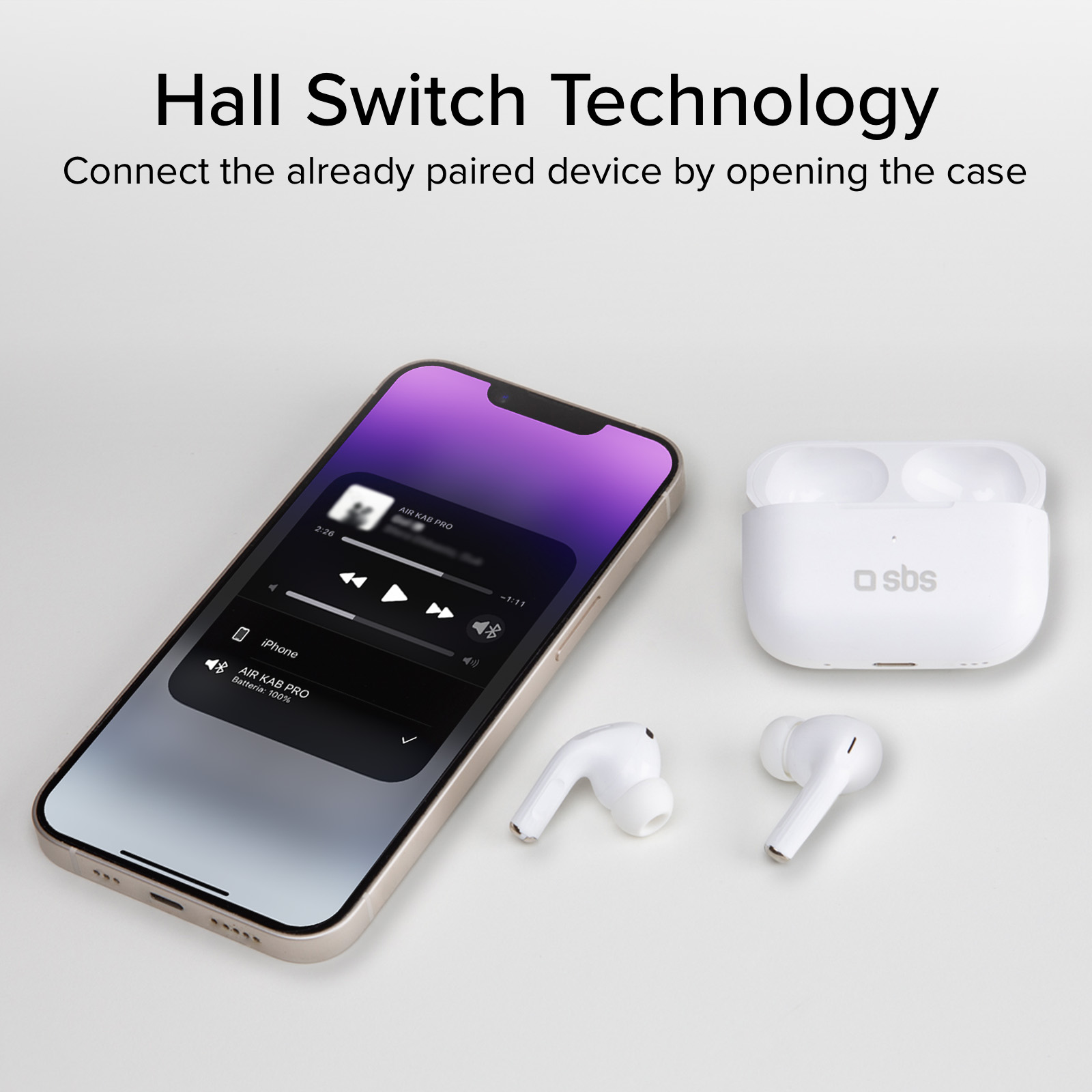 Ein iPhone, ein Ladecase und zwei weiße Ohrhörer liegen auf einem weißen Hintergrund.
