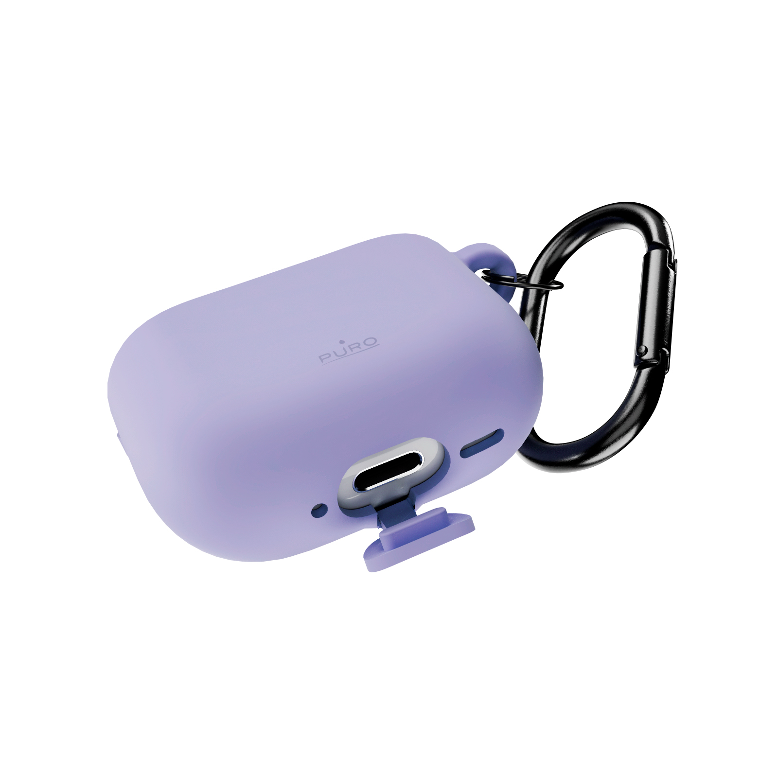 Lila Puro-Hülle mit Karabiner und USB-C-Anschluss.