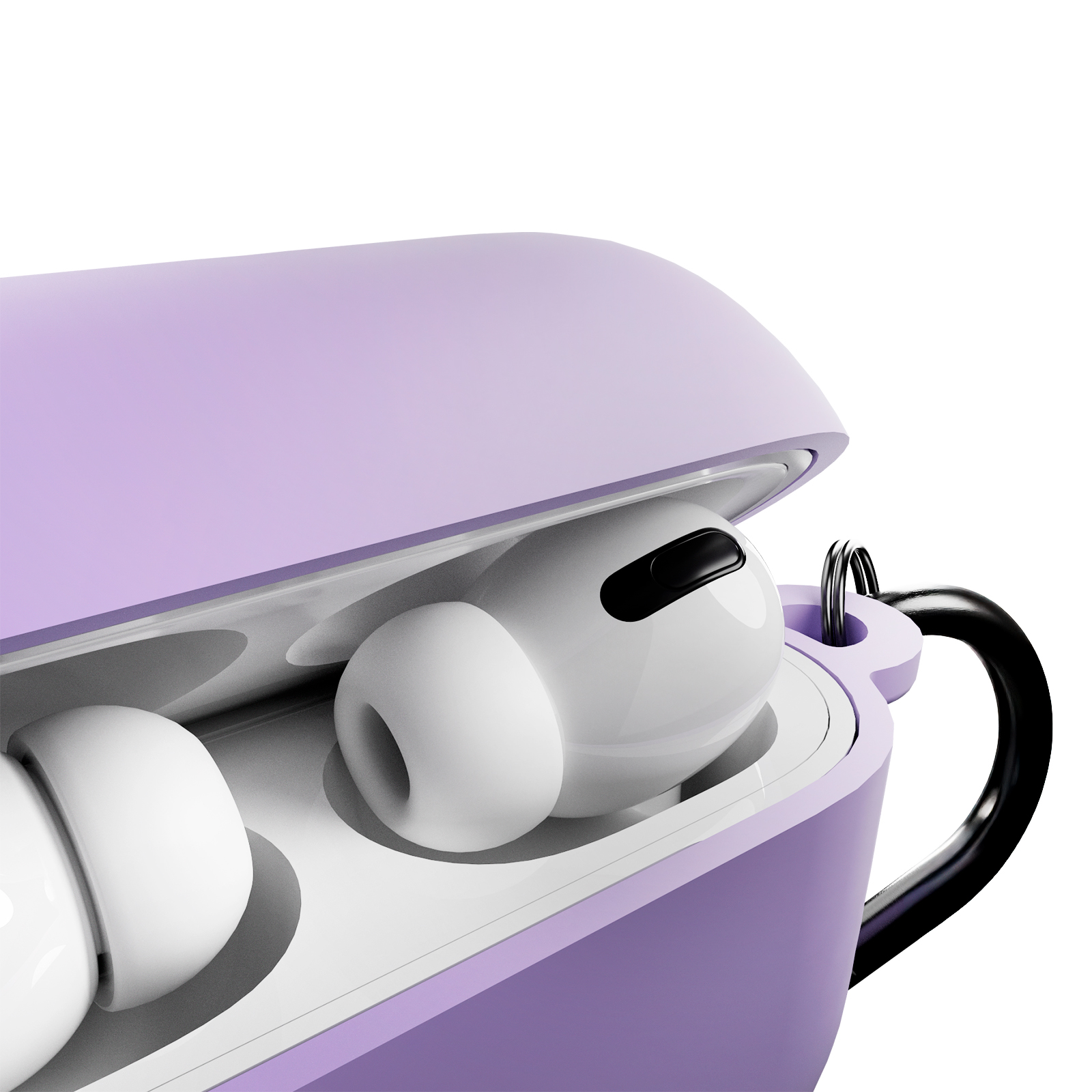 Auriculares blancos en un estuche de carga lavanda abierto con anillo negro.